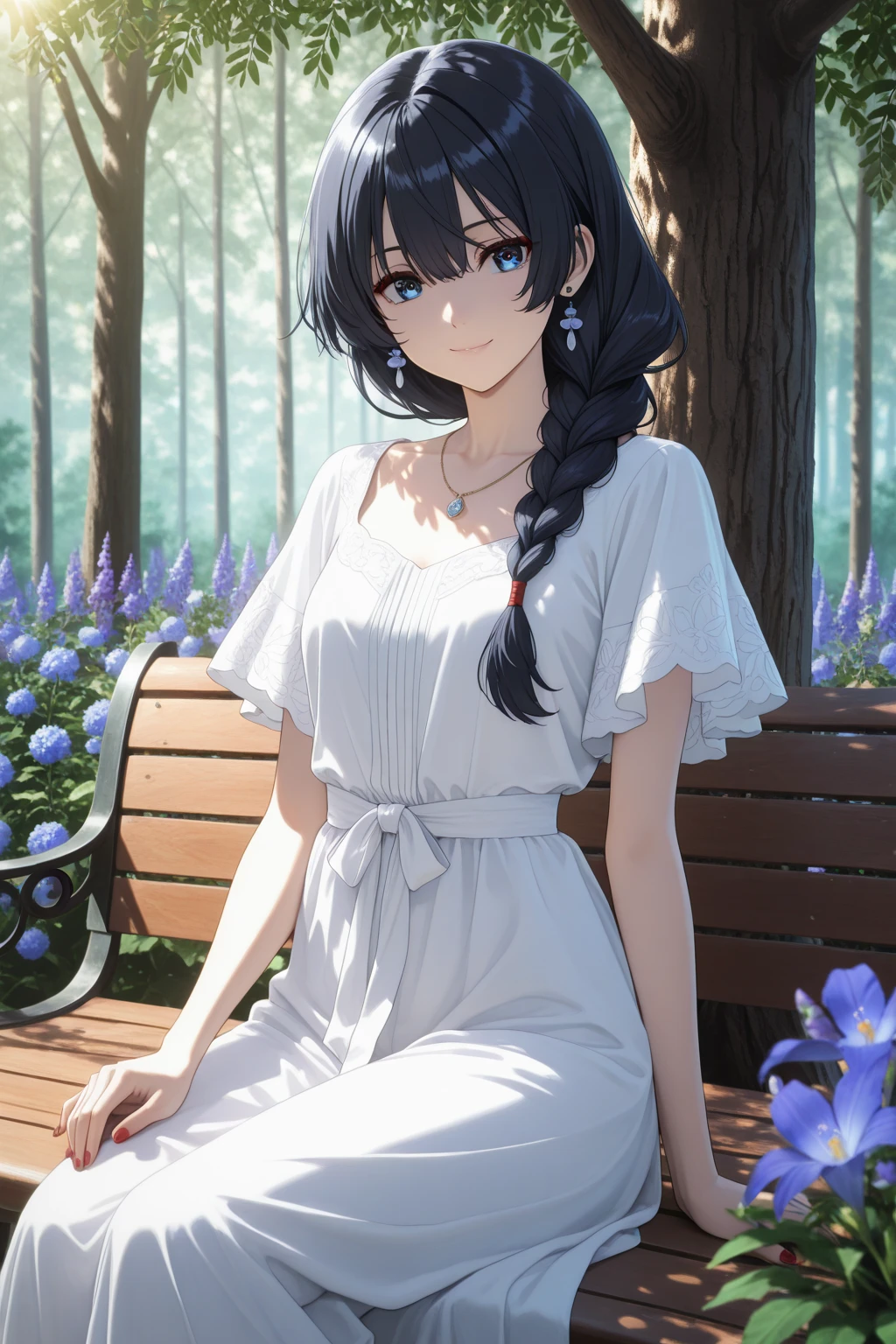 anime girl, beautiful, classical japanese beauty, very light skin tone, long black hair, blue eyes that shine like sapphires, Casual clothes, SMILE, outstanding figure who embodies the ideal of every woman in the world