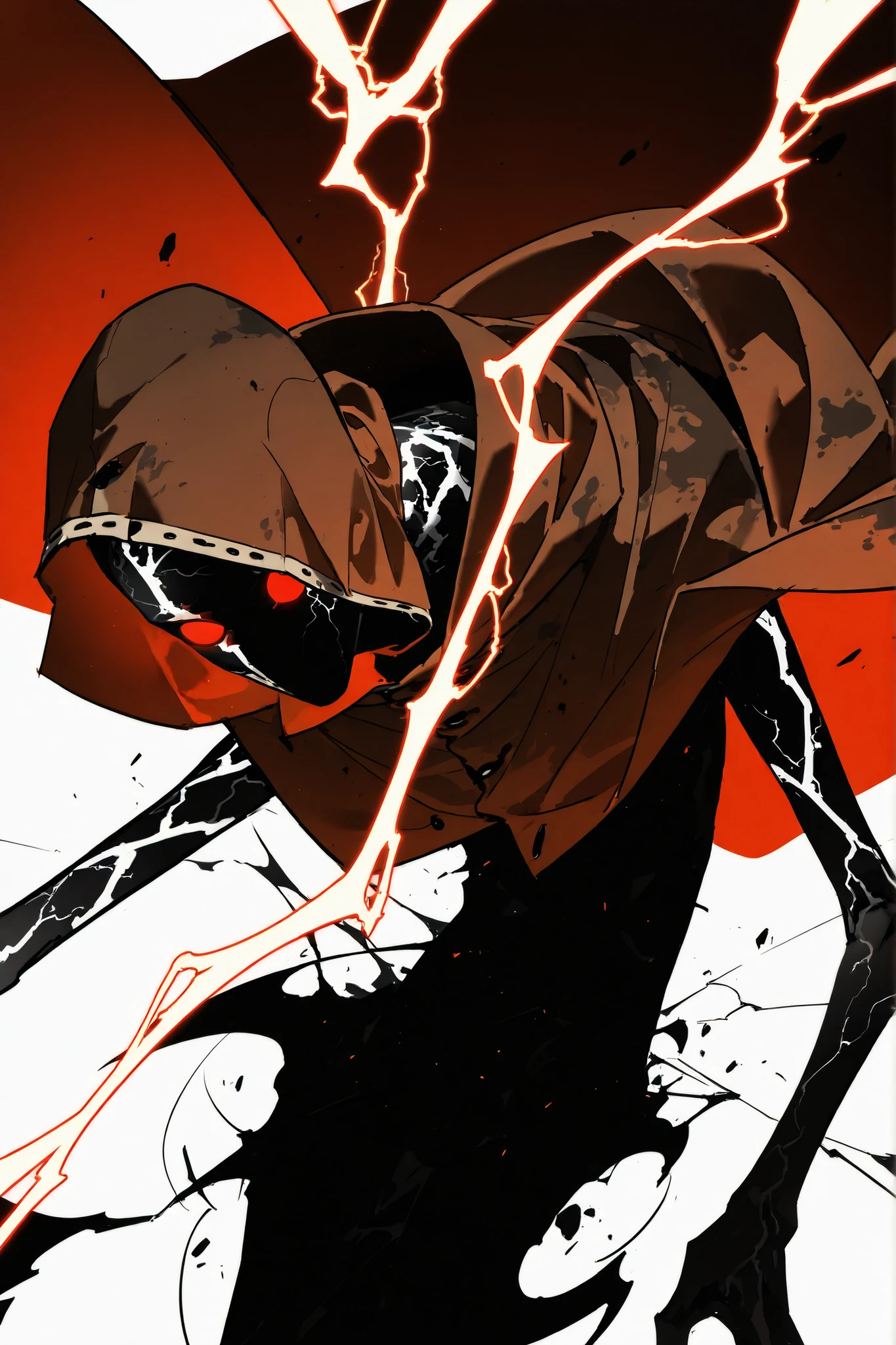 Ugly, long body, thin face, decaying skin, faceless, thin arms, alone, male, undead, red energy veins, very old skin, Cracked skin, red black eye, round red eyes, faceless, Pale and sickly skin, thick dirty Red cape/poncho with holes and a dirty interior, with edges blackened by dirt , Hooded, dirty Pilgrim's coat worn by time , we can't see his face, Face covered by shadow, intense shadow, close up, Dynamic pose, dutch angle, upperbody, perspective, intricate sketch, 2d, solo leveling art style, white background , Red lightning, ashes