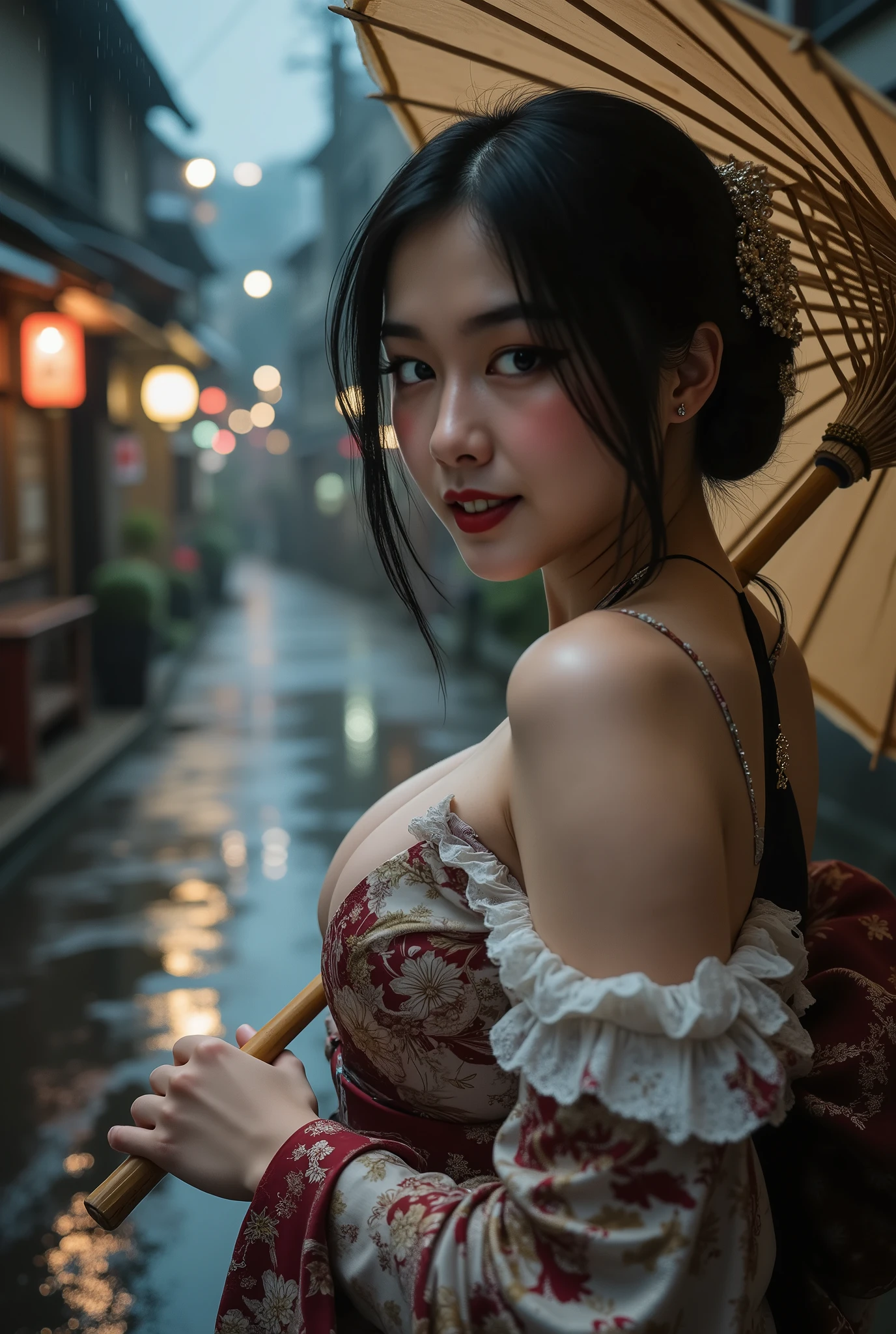 score_9 、 score_8_up 、 score_7_up 、 source_real 、close-up photoshoot (super quality、Ultra HD、8K、Natural Light and Shadow、Dark and gloomy photo 、shine bright lights on their faces、nsfw),Delicate Depictions in Every Detail,texture like painting,Deep Focus,bokeh,ethereal atmosphere, close-up photoshoot asian woman in a yukata with an open chest as a ager,I'm holding a large bamboo umbrella,The lighting is weak and the atmosphere is heavy,Dusky Back Street with Rain,wet road surface,traditional Japanese building,heavy rain