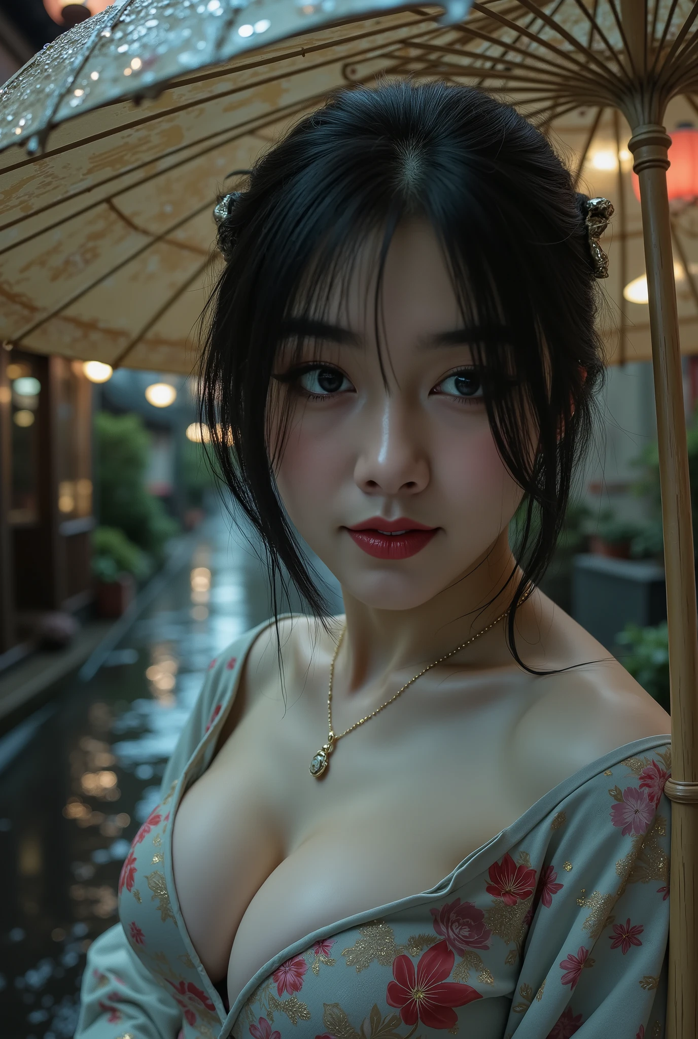 score_9 、 score_8_up 、 score_7_up 、 source_real 、close-up photoshoot (super quality、Ultra HD、8K、Natural Light and Shadow、Dark and gloomy photo 、shine bright lights on their faces、nsfw),Delicate Depictions in Every Detail,texture like painting,Deep Focus,bokeh,ethereal atmosphere, close-up photoshoot asian woman in a yukata with an open chest as a ager,I'm holding a large bamboo umbrella,The lighting is weak and the atmosphere is heavy,Dusky Back Street with Rain,wet road surface,traditional Japanese building,heavy rain