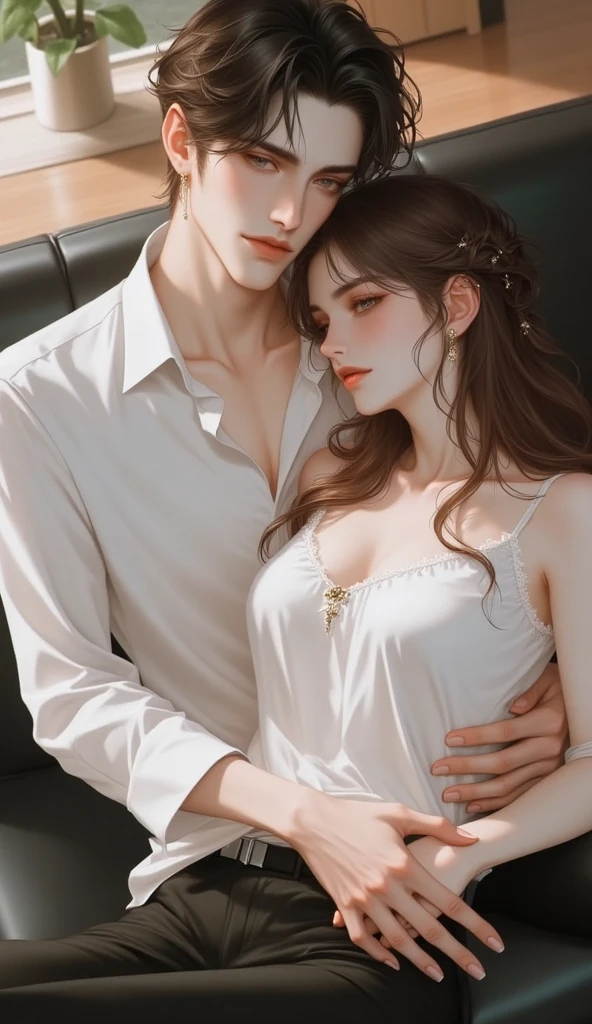 (Tabletop, Digital Art, Digital Illustration, 4K, 8K, Super detailed, Beautiful images, Clear images, Realistic, RAW Photos, Perfect Face, Perfect Lines, Perfect Eyes, Soft lighting) 1 female, (Light brown hair,Chignon Hair,Innocent look,Cute big eyes,Natural Makeup,A kind smile,Round chin,large breasts,Baby-faced woman:1.3),Two handsome men in suits, (human,Man in suit,Muscular,Strong shoulder width,Adult male,Boyish hairstyle,British Gentleman Style,A man in his 30s with a cool expression,A 28-year-old man with a bright smile:1.2), lift, press breasts together , show off breasts , show off  under white shirt :1.2),An innocent smile,( , crying ,:1.1),Bright bedroom、Window、Lots of plants、greenhouse、String 、(1 boy, a boy is grabbing girl’s breasts :1.3), lift,