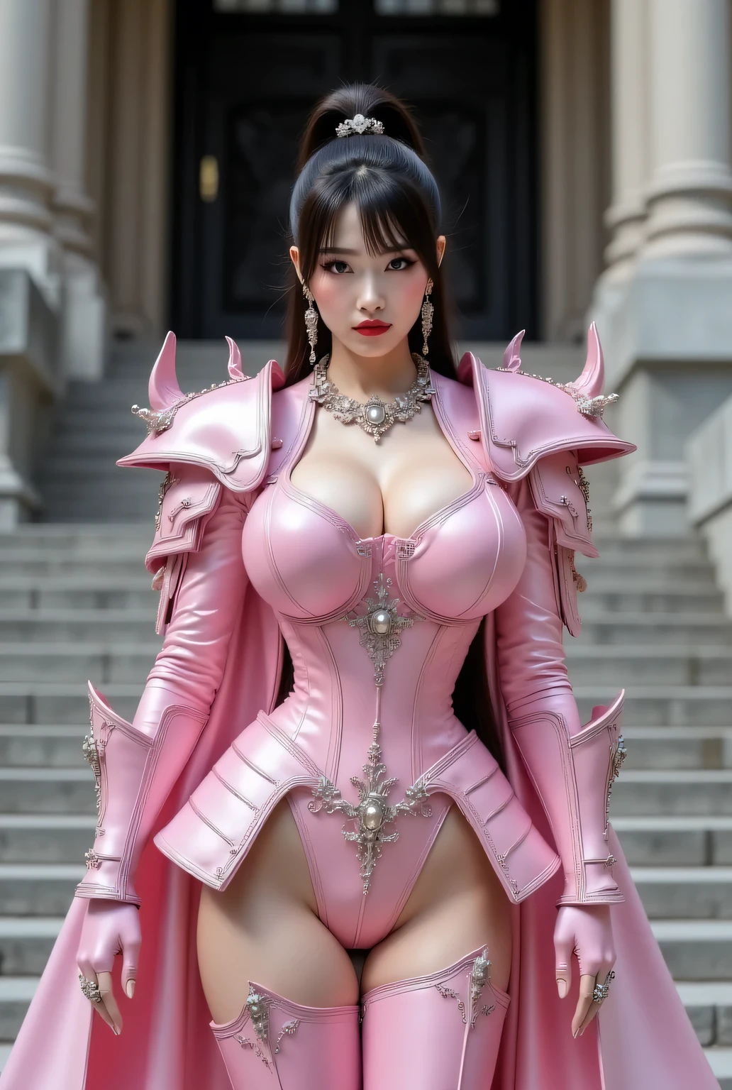Super beautiful Japanese woman, looks like a intimidating dominatrix, condescending gaze, staring at the viewer, makeup, eyeshadows, eyeliners, long false eyelashes, light red lips, long ponytail, luxury hair ornament, luxury earrings.
Glamorous body, breasts.
Elaborate pink armor, gothic style, detailed shoulder armor, detailed pauldrons, detailed arms guards, detailed thigh guards, armored thigh-high boots, cloak.
In front of the great gate of the palace, concrete wall, concrete stairs, oncrete pillar.
Best quality, masterpiece.
