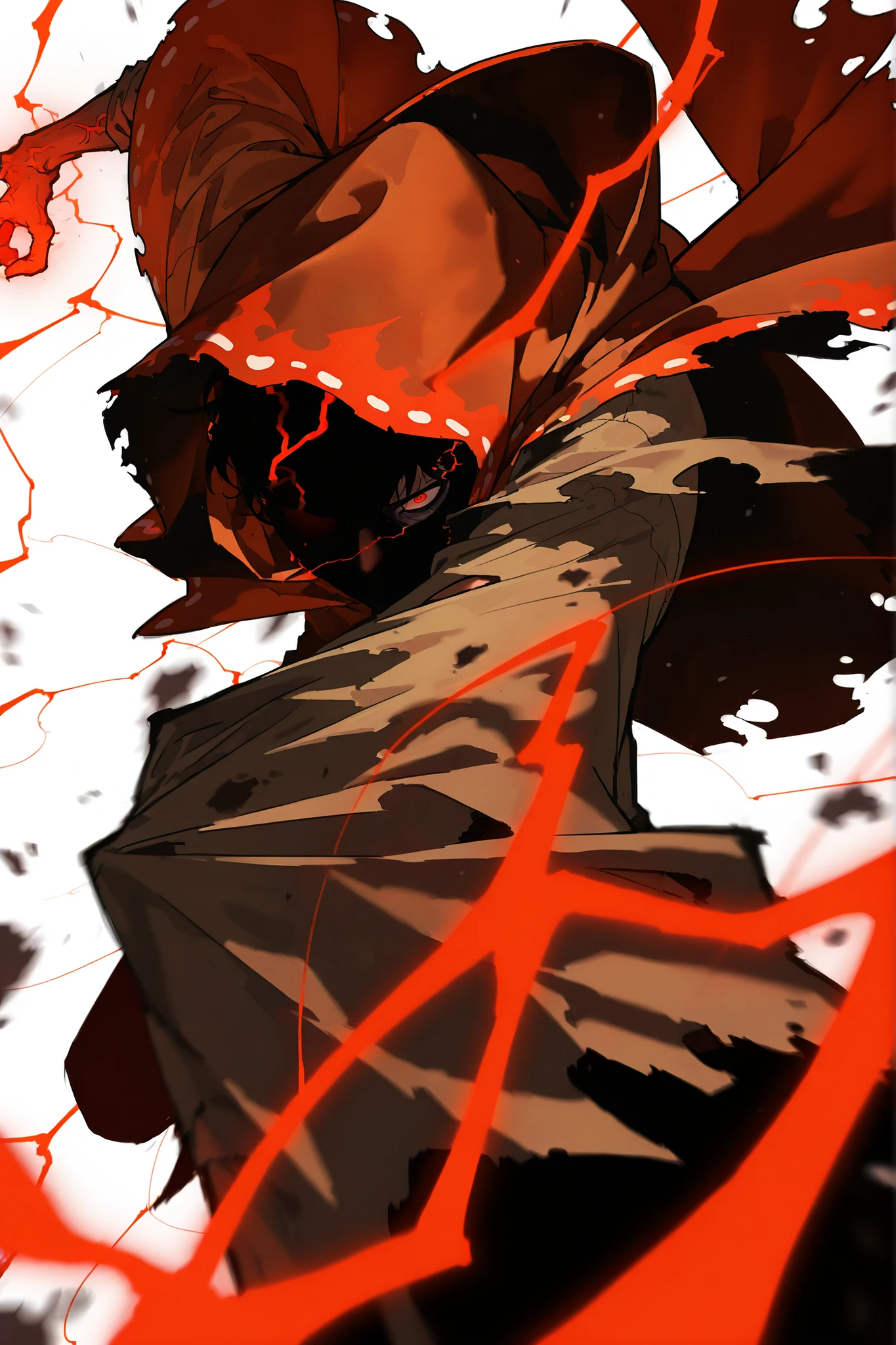 Ugly, thin face, decaying skin, faceless, thin arms, alone, male, undead, red energy veins, very old skin, Cracked skin, red black eye, round red eyes, faceless, Pale and sickly skin, thick dirty Red cape/poncho with holes and a dirty interior with edges blackened by dirt , Hooded, dirty Pilgrim's coat worn by time , Wide torn sleeves revealing the forearms, we can't see his face, Face covered by shadow, intense shadow, close up, we can't see his body, A poncho with several layers of another poncho underneath , torn ripped up black floating scarf, Dynamic pose, dutch angle, upperbody, perspective, intricate sketch, 2d, solo leveling art style, white background , Red lightning, ashes, no legs, legless, thin fingers, upperbody only