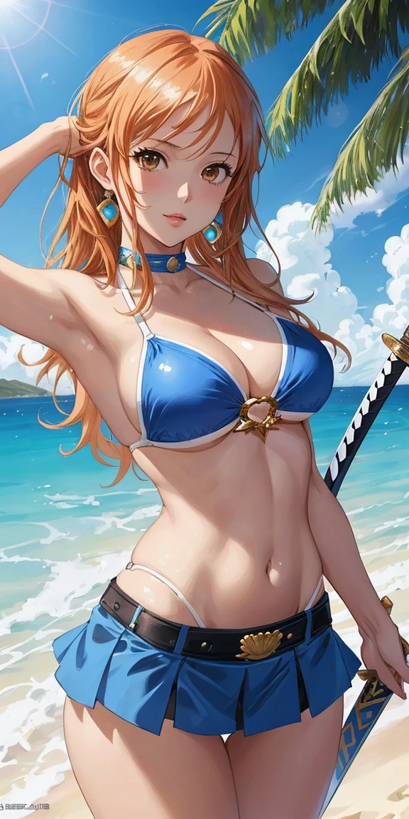 An arafe woman wearing a  top and super miniskirt and holding a sword, nami one piece, beautiful portrait of nami, Nami of one piece,Nami in super miniskirt, Detailed Digital Anime Art, Cute exirobat showing white pants, Very detailed ArtGerm haha, deviantart artstation cgscosiety, realistic , Swimsuit, fanart best artstation, ArtGerm. high detailing