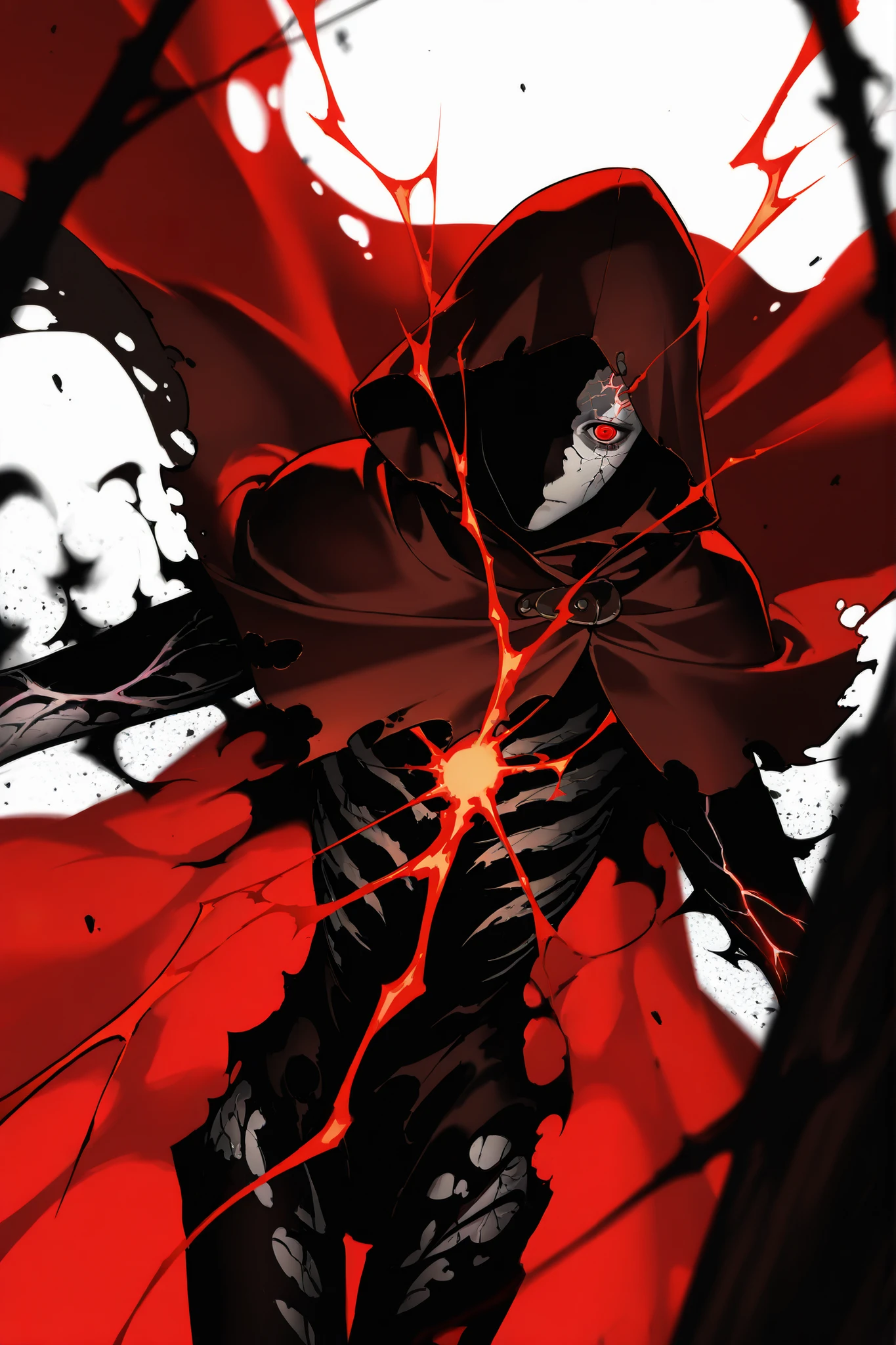 Ugly, thin face, decaying skin, faceless, thin arms, alone, male, undead, red energy veins, very old skin, Cracked skin, red black eye, round red eyes, faceless, Pale and sickly skin, thick dirty Red cape/poncho with holes and a dirty interior with edges blackened by dirt , Hooded, dirty Pilgrim's coat worn by time , Wide torn sleeves revealing the forearms, we can't see his face, Face covered by shadow, intense shadow, close up, we can't see his body, A poncho with several layers of another poncho underneath , Dynamic pose, dutch angle, upperbody, intricate sketch, 2d, solo leveling art style, white background , Red lightning, ashes, no legs, legless, thin fingers, upperbody only , Physical embodiment of rage and hatred, dark souls boss, dark souls style, dark souls concept art, score_8_up