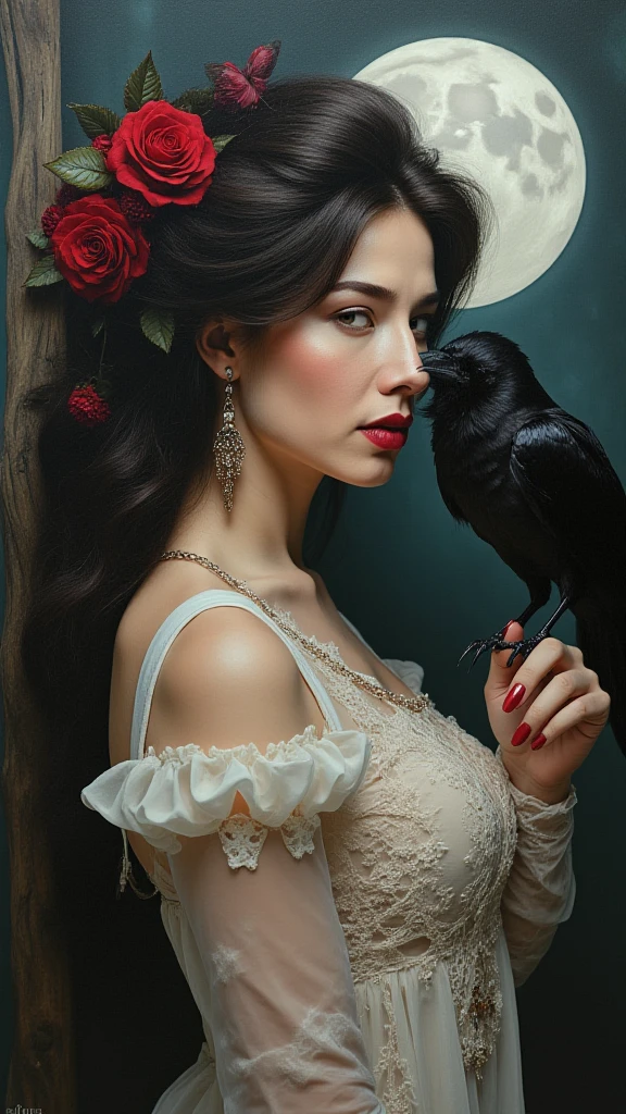 Woman with curves
Medium-length dark red hair
Doves behind
Gold jewelry in the hair and neck
Dark blue eyes 