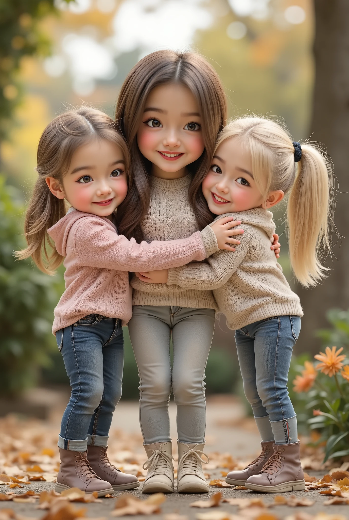 3D cartoon girl who has brown hair, brown eyes she is wearing a sweater pants with a belt behind her she hugs a 2 girls with blonde hair gray eyes she is wearing a sweater with pants they take a picture in a parl