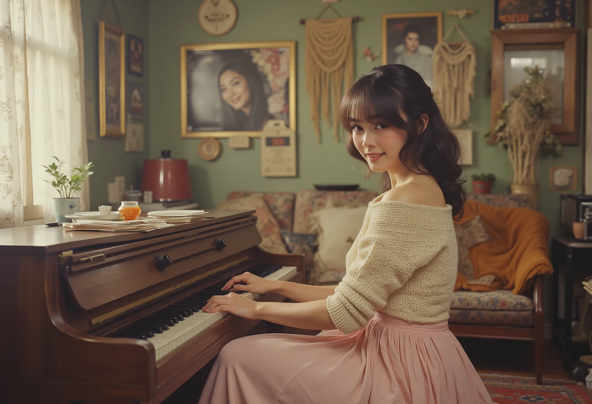 Intimate boho apartment living‑room jam, macramé wall hangings, vinyl records strewn around, female pianist at upright piano, bare feet on patterned rug — cream knit off‑shoulder sweater, pastel pink satin midi‑skirt, tousled half‑up hair, minimal makeup , looking at viewer with beauty smile confident — golden morning window light, dust motes visible, mellow cozy mood, photorealistic, 4 K, horizontal 16:9