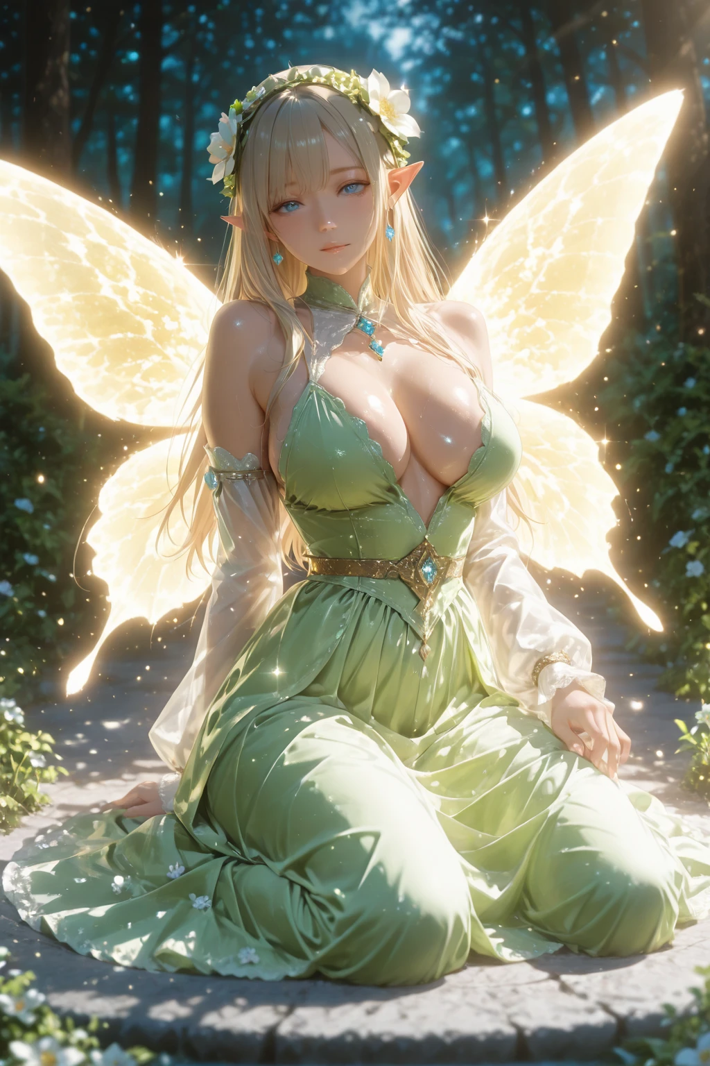 (TinkerWaifu:1), smile, cute, cute pose, looking at viewer, thick thighs, wide ????, ???????????, hard ???????, perky ????, ????????, visible ???????, ????, single hair bun, short hair, (strapless green dress:1), (fairy wings), sitting, (????????????:1.2), from above, (realistic:1.2), (realism), (masterpiece:1.2), (best quality), (ultra detailed), (8k, 4k, intricate),(full-body-shot:1),, (85mm),light particles, lighting, (highly detailed:1.2),(detailed face:1.2), (gradients), sfw, colorful,(detailed eyes:1.2),
(detailed ladscape, inside a glass jar:1.2),(detailed background),detailed landscape, (dynamic angle:1.2), (dynamic pose:1.2), (rule of third_composition:1.3), (Line of action:1.2), wide shot, daylight, solo,