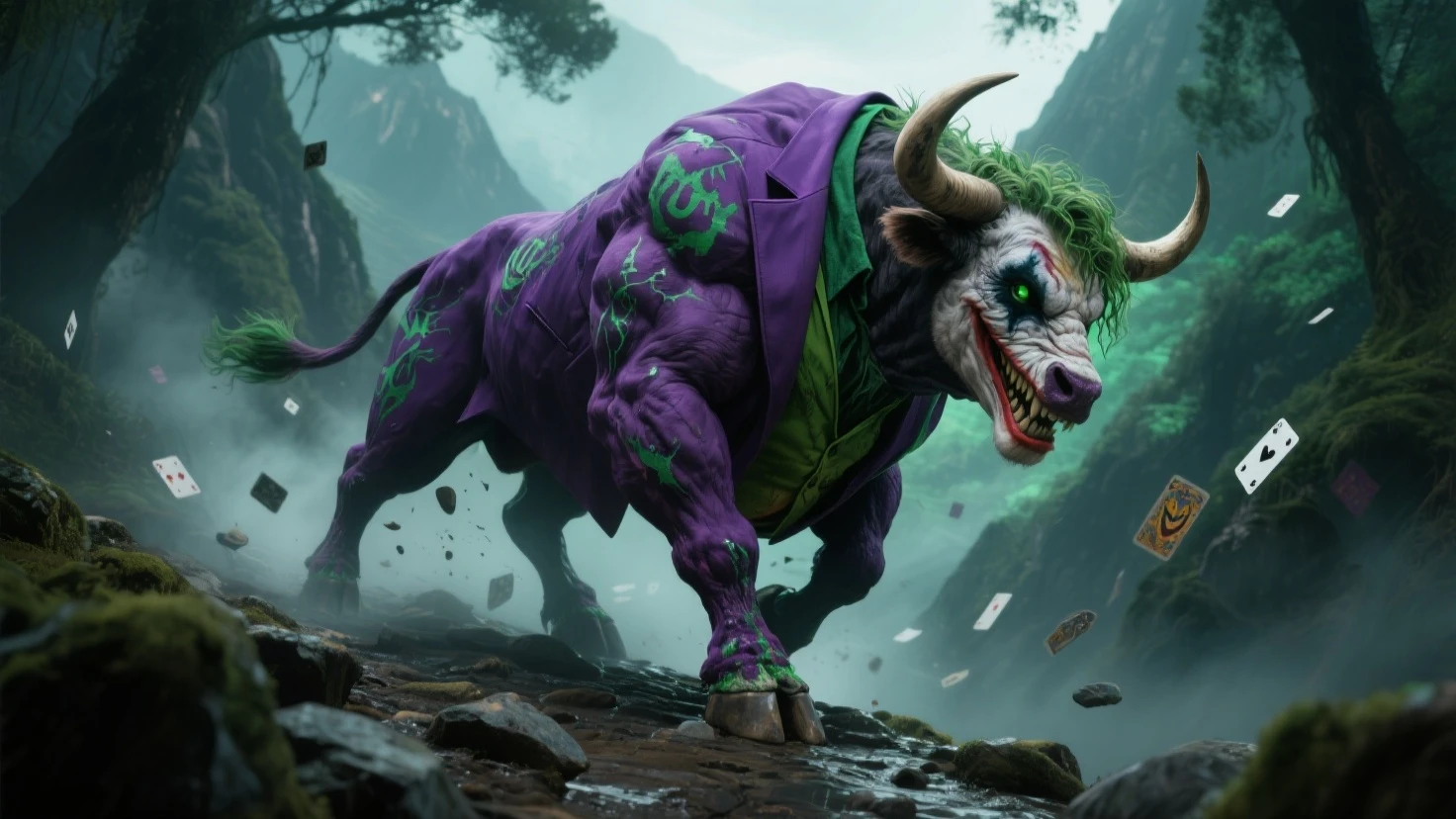 A bull is standing and showing claws having big nails like scratching something. It has a heart symbol on its middle chest . The theme colour will be green and red........ Use green for bull parts of image, use red for bear part and use blue for heart part