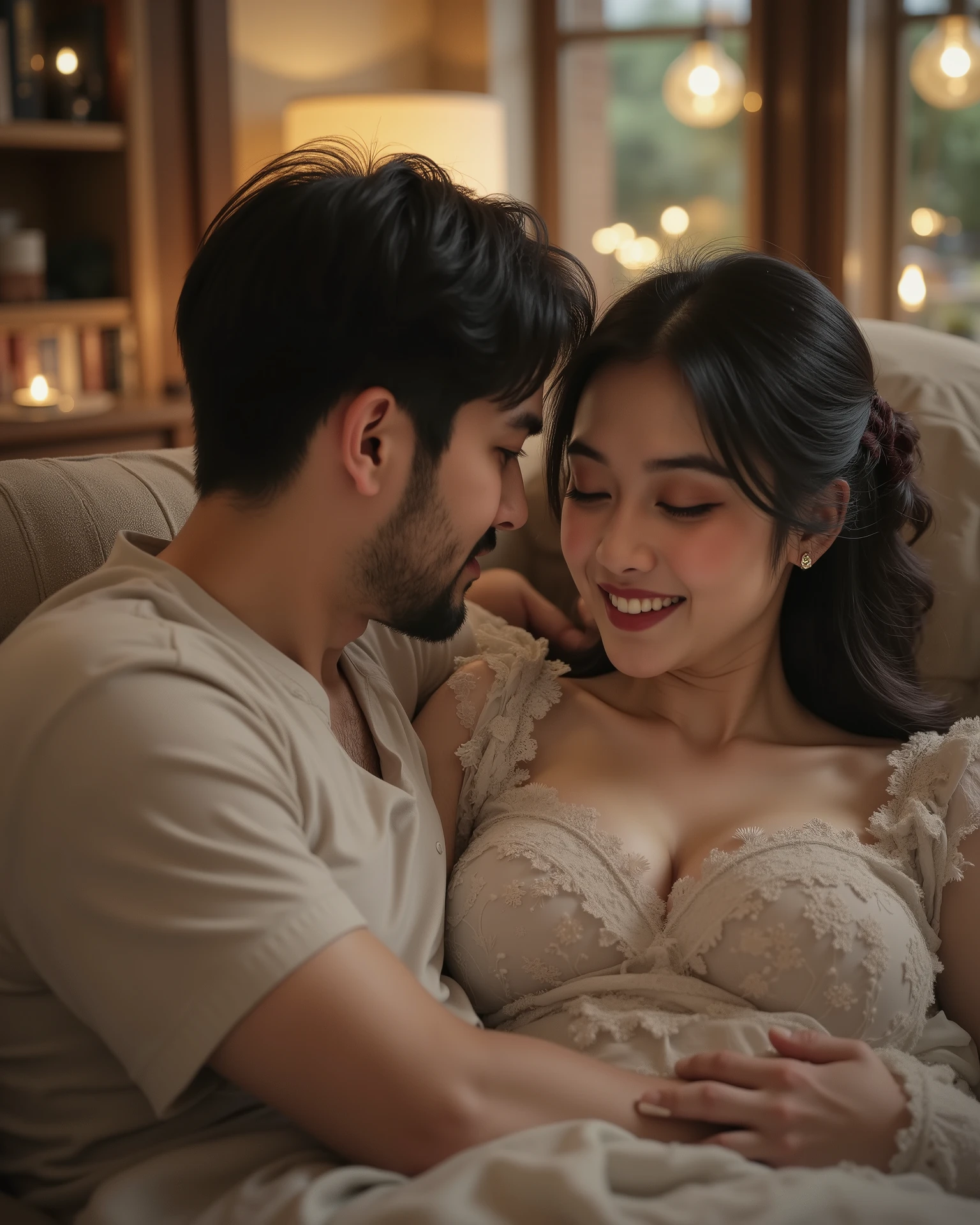 :
"A peaceful scene of a man resting his head on a woman's lap. The woman sits gracefully on a cozy couch, gently running her fingers through his hair with a serene and caring expression. The man has his eyes closed, appearing relaxed and comforted., and the setting is softly lit with warm, ambient lighting. The background features a calm, homely atmosphere with books, a warm blanket, or a softly glowing lamp, enhancing the sense of tranquility and affection."