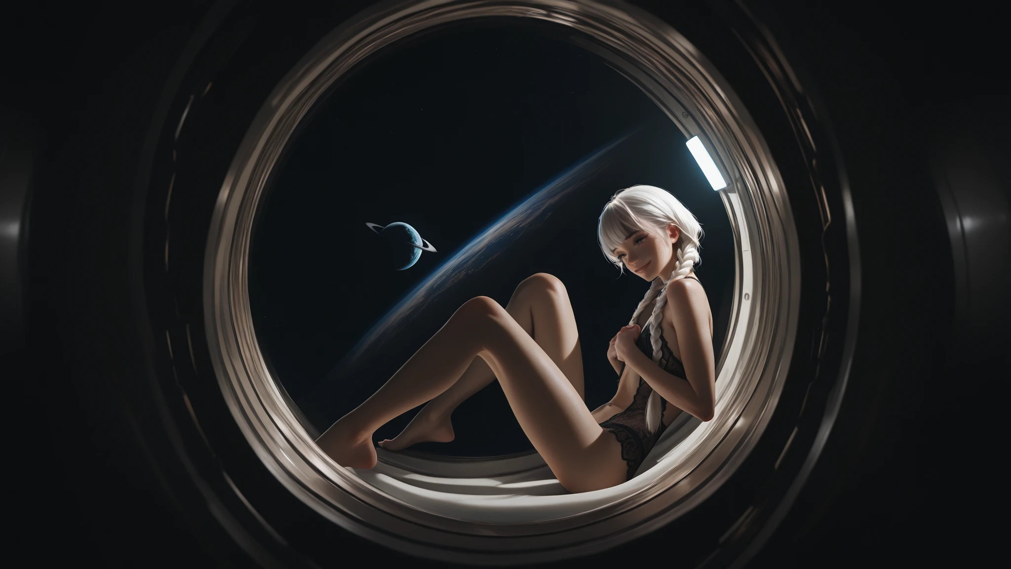 Hot  Girl with silver hair  a balcony in space on a stary night with planets and moons 