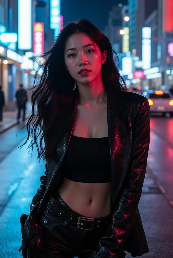 Korean girl in black leather thigh high boots, white pants, trench coat, long gloves