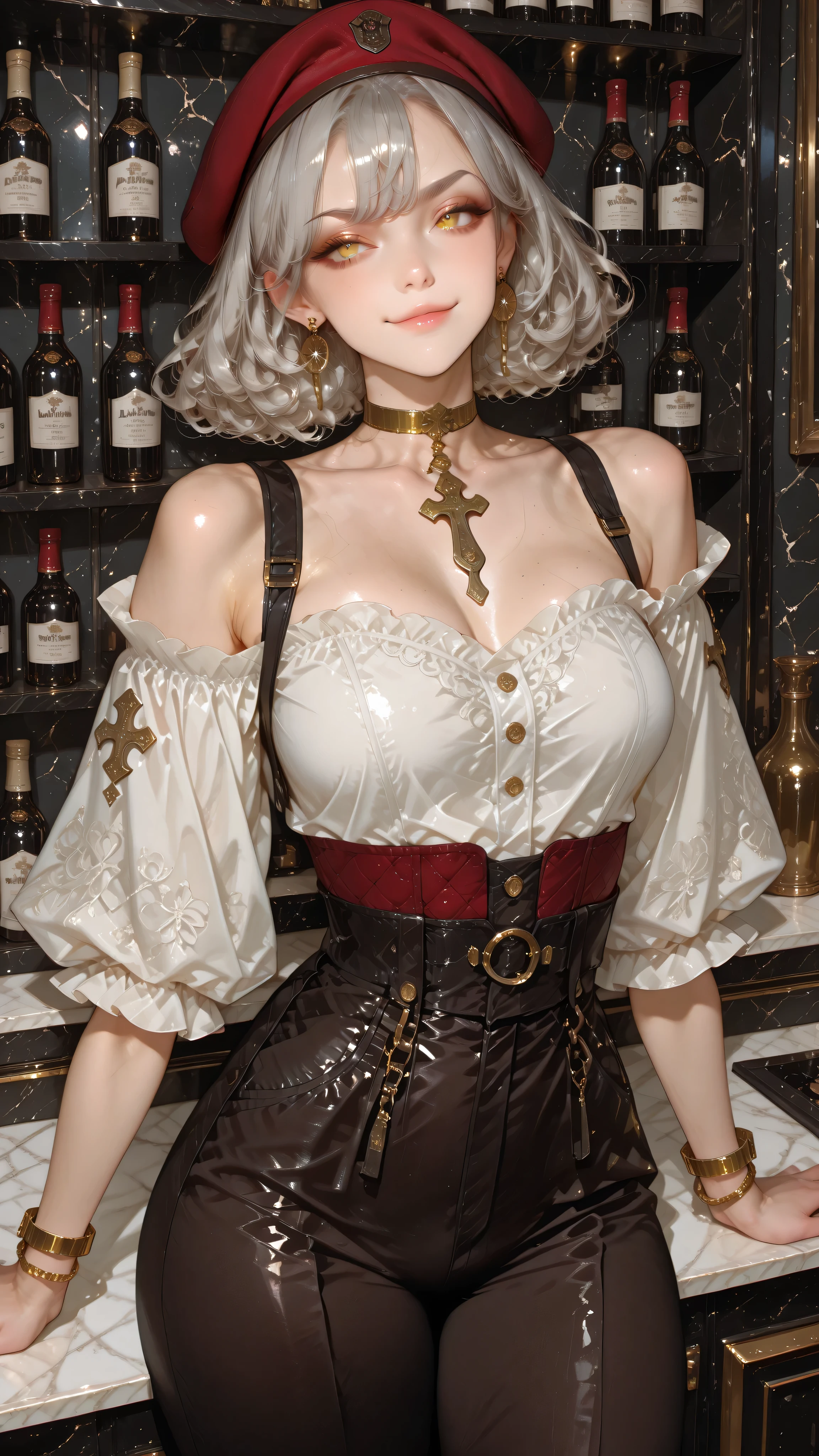 short curly hair, light gray hair, yellow eyes, haughty look with slightly raised eyebrow, little smile, toned body. Wearing a white puffy, off-the-shoulder, long-sleeved blouse, black high-waisted pant, gold hoop earrings, gold bracelet, golden choker, dark red beret. Standing, leaning against the counter, one hand supporting the chin, luxurious fashion club, night.