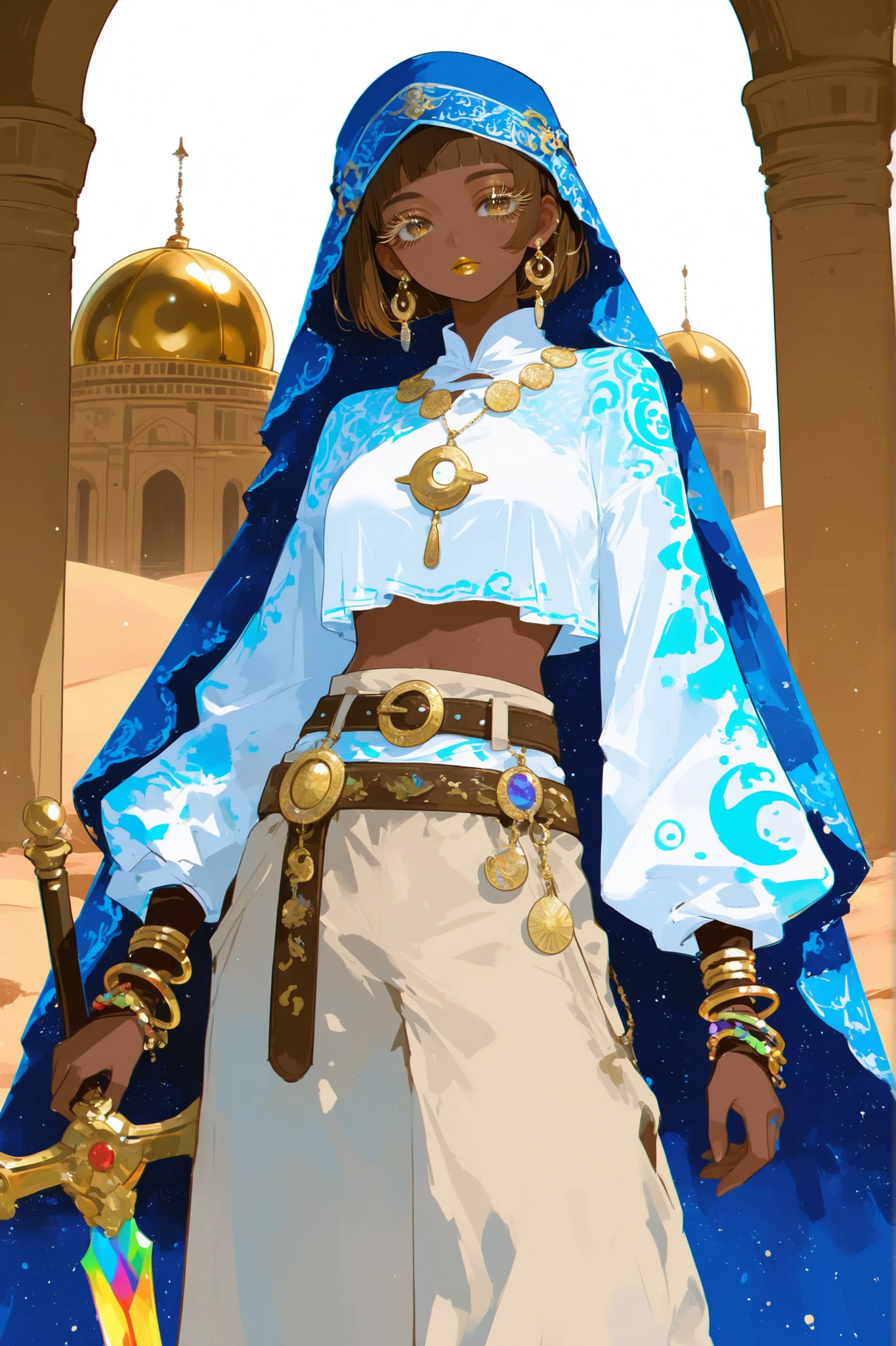 (0__11Xx_illu,duobaan,) The sorceress is a jeweler, a master of artifacts.  She has tanned dark skin covered with ornate blue tattoos. She has dark-brown shorty haircut ((boy's crewcut)) with a copper sheen. She has golden lips, bronze eyes and long dramatic eyelashes. She wears a desert outfit :a white-yellow-brown sandy-shade loose-fitting shirt with long sleeves, loose-fitting trousers, over which she wears a sky-blue desert robe with hood, and a sky-blue turban with veil. She has golden crescent moon pendants with multicolored gems on her belt.  She wears a set of gold bracelets, large crystal amulet with a rainbow stone and hoop earrings. She holds a  paired curved arabian swords. ((IN the background:A desert landscape in which stands an ivory Arab tower with a golden dome.))
