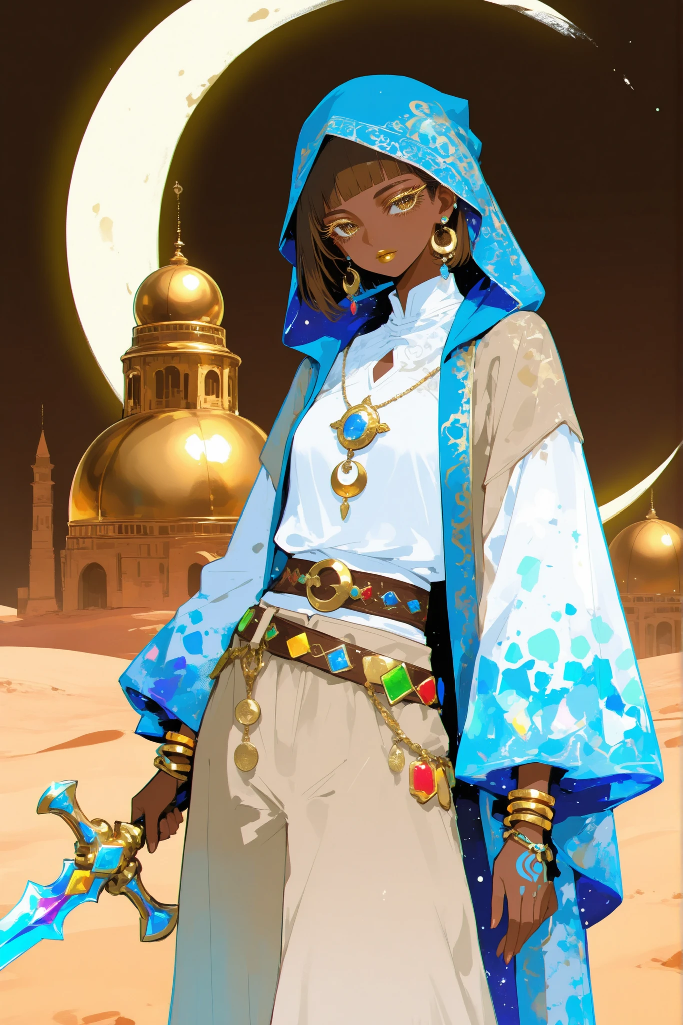 (0__11Xx_illu,duobaan,) The sorceress is a jeweler, a master of artifacts.  She has tanned dark skin covered with ornate blue tattoos. She has dark-brown shorty haircut ((boy's crewcut)) with a copper sheen. She has golden lips, bronze eyes and long dramatic eyelashes. She wears a desert outfit :a white-yellow-brown sandy-shade loose-fitting shirt with long sleeves, loose-fitting trousers, over which she wears a sky-blue desert robe with hood, and a sky-blue turban with veil. She has golden crescent moon pendants with multicolored gems on her belt.  She wears a set of gold bracelets, large crystal amulet with a rainbow stone and hoop earrings. She holds a  paired curved arabian swords. ((IN the background:A desert landscape in which stands an ivory Arab tower with a golden dome.))