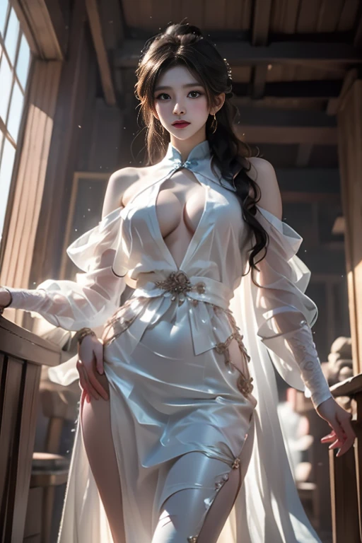 (quality、tmasterpiece:1.2)， sweet girl，pigtails，silvery white hair、Smooth skin、Beautiful mouth、(beautiful postures)，(Chinese style translucent pocket fabric)，Translucent light purple gold gorgeous Chinese cheongsam，themoon，Lying in the snow，Sit Pose，Visible on the back，((Super big and soft breasts:1.6)),Accent strapless，Clear silk scarf，Translucent white plush shawl，red and white petals，natta，ellegance,The lateral chest is visible，seductiveexpression