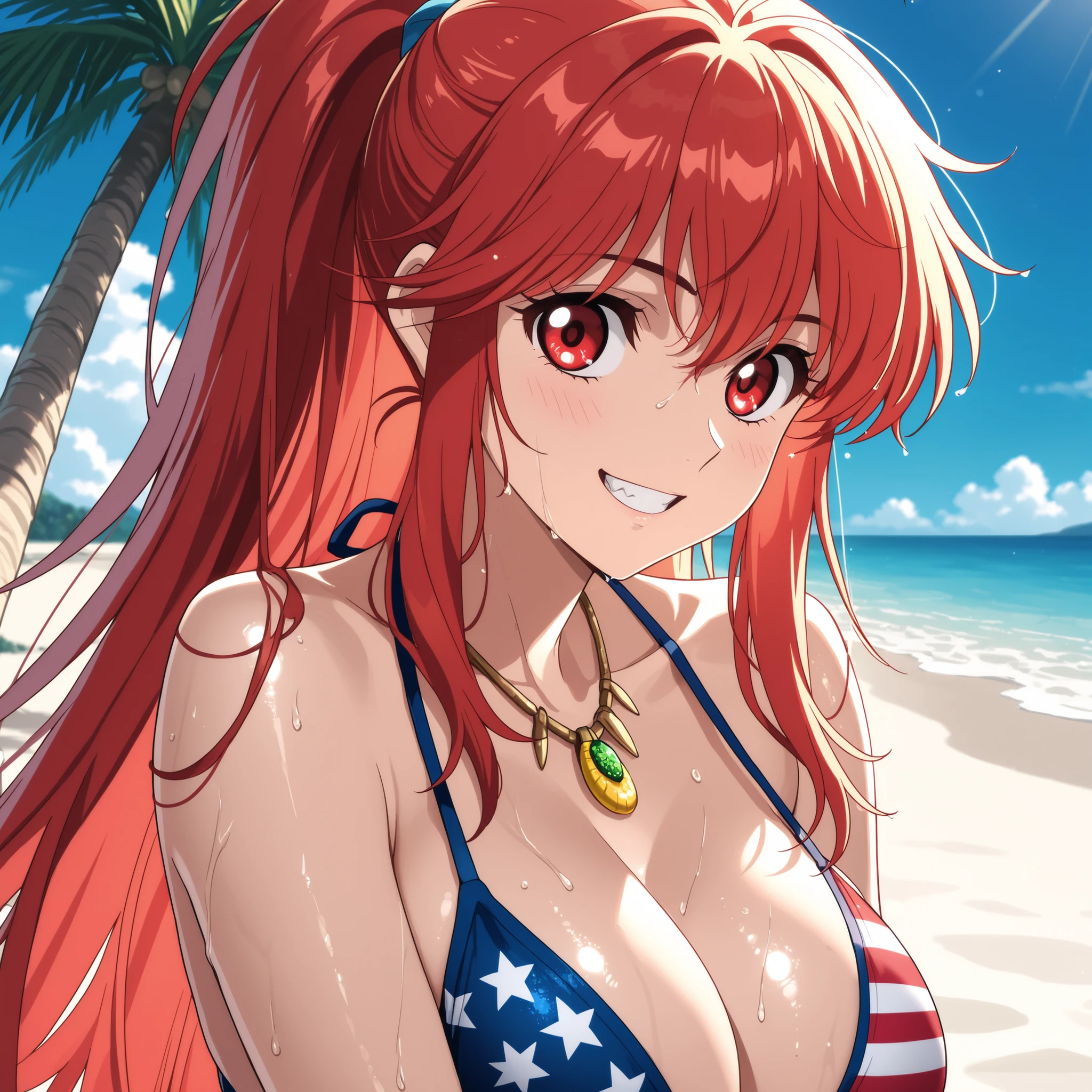 Tia Noto Yoko, 20 years old. Red eyes, bright red hair, a slender figure the same color as her hair, and large breasts. She wears a blue and red bikini with the american flag printed on it, bracelets, and a small necklace. She runs along a beautiful Brazilian tropical beach with white sand, blue skies, and palm trees. Highly detailed anime art, vibrant lighting, and smooth, glowing skin. She smiles, showing her teeth. Her body and hair are wet. She runs.