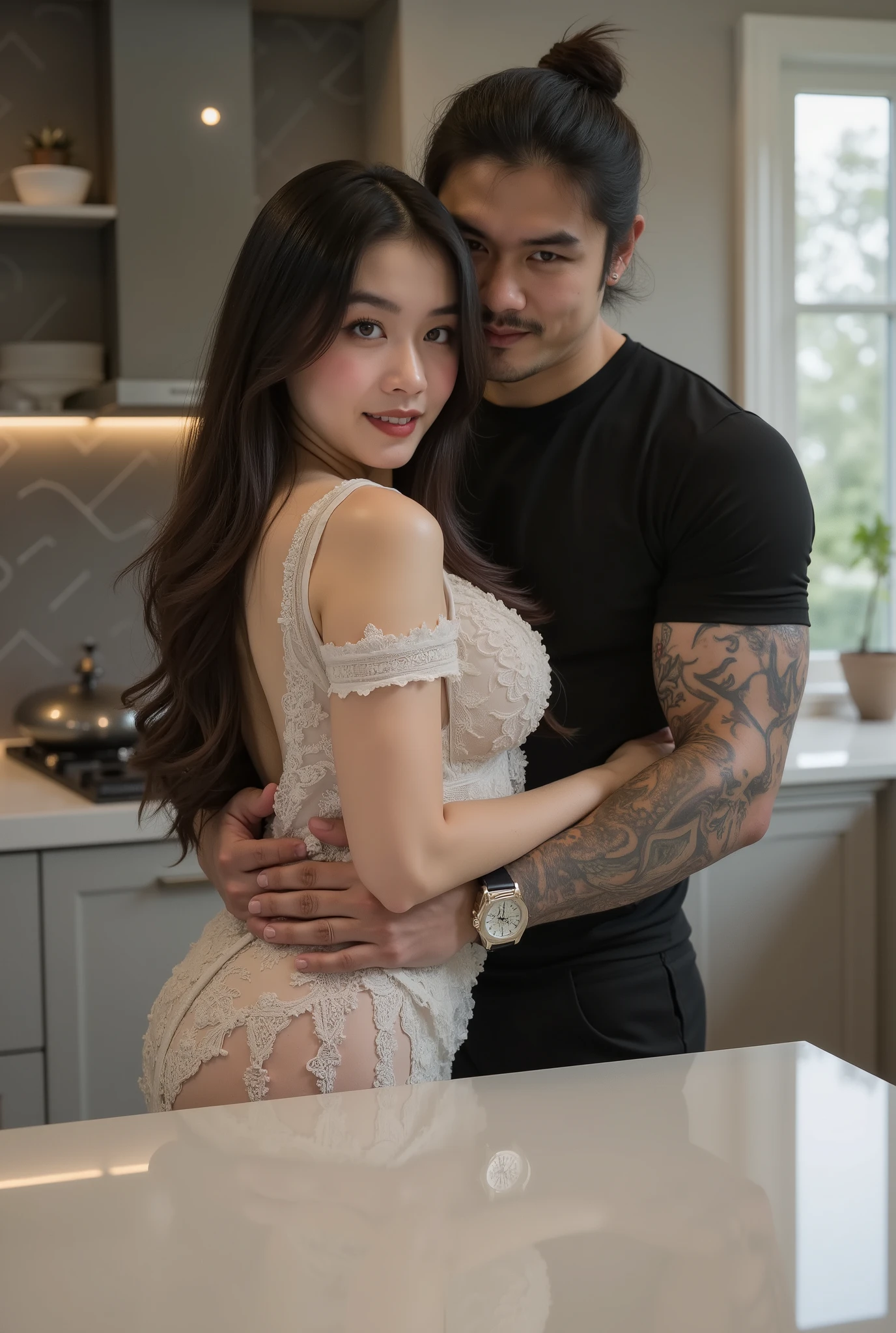 create dynamic pose and distant angle images, uma mulher jovem 20 year, Kennedy Walsh, Caucasian skin, freckles, 精致的面容, greyish blue eyes, very long brown silky hair with curtain style bangs, wearing an ornate white dress, fallen on the shoulders, long puff sleeves. She is leaning forward over a huge white countertop in the middle of a modern kitchen., behind her is a man, Can Yaman, 20 year, long brown hair with bun, strong square chin, defined chin, thin thin mustache , strong muscular physique, he's rubbing it, holding her waist pulling her waist and rubbing his penis in her, wearing a black dress shirt, black dress pants with belt, tattooed arm and hand, expensive watch on wrist.