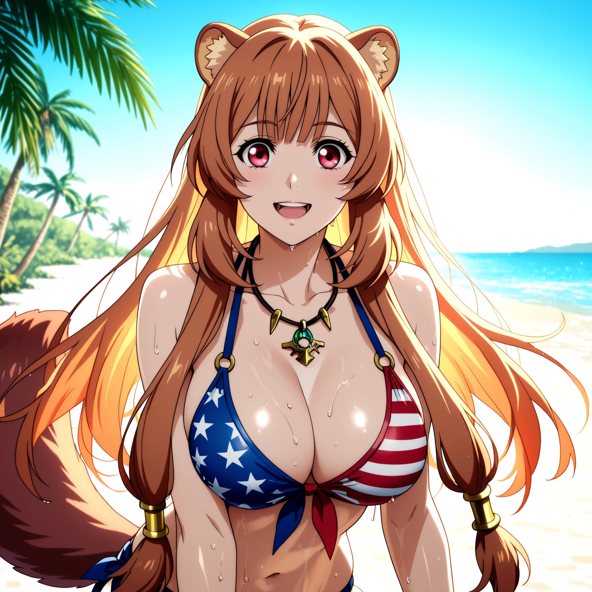 Raphtalia, 20 years old. Red eyes, bright orange hair with rounded animal ears and a fluffy tail, a slender figure the same color as her hair, and large breasts. She wears a blue and red bikini with the american flag printed on it, bracelets, and a small necklace. She runs along a beautiful Brazilian tropical beach with white sand, blue skies, and palm trees. Highly detailed anime art, vibrant lighting, and smooth, glowing skin. She smiles, showing her teeth. Her body and hair are wet. She runs.