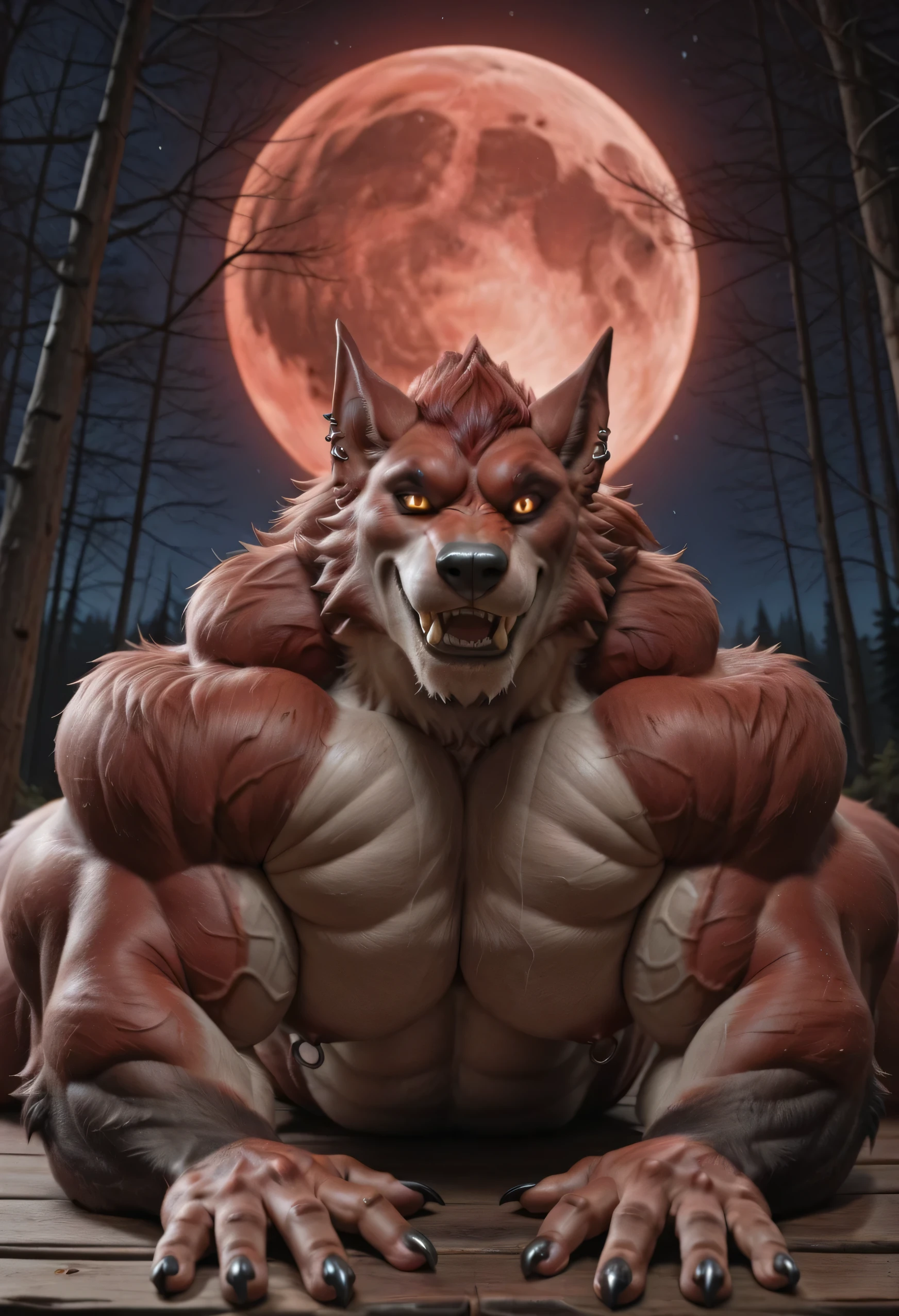score _9, score _8_Up, score _7_Up, masterpiece, masterpiece, best quality, amazing quality, high quality, RAW photo, (Photorealistic Style), (Perfectly Correct Anatomy), (Full Body). (furry), (1boy), (Huge Adult Male muscular bara Werewolf Lycan West from Fortnite), (Himbo:1.2), Very Masculine, Huge Man, Red and Light Brown Fur Body, Red and Light Brown Fur, Red and Light Brown Werewolf Tail, Huge Hyper Veiny Bulging Muscle, Huge Bodybuilder Physique, Huge Bulging Pectoral, Huge Wide Broad Chest, Huge Bulging Abs, Huge Wide Broad Shoulders, Huge Wide Broad Back, Eight-Pack Abs, Huge Boobs, Protrusion, Huge Thick Legs, Strong Body. (Detail Glowing Amber Eyes with narrow, vertical pupils, emission strictly limited to pupils), Black Sclera:1.4, Realistic Detail Bara Chiseled Male Werewolf Handsome Rugged Lycan West Face:1.6, strong square jawline, chiseled cheekbones, tough appearance, hairy chest, hairy back, hairy legs, hairy thighs, hairy arms, pubic hair, Huge muscular butt:2. Nipple Piercings, Ear Piercings, Rings, realistic human hands, (Natural Palms Color:1.4), (5 fingers), Black Claws, (10 feet tall). In a Realistic Forest Near A Wooden Cabin background at night with a large red full blood moon glow, Solo, facing the viewer:1.6, (front view:1.6, facing to the side:1.6), (lying on stomach:1.6), hand on his own cheek, focus face, close up face, smug smirk. (Naked:1.4).