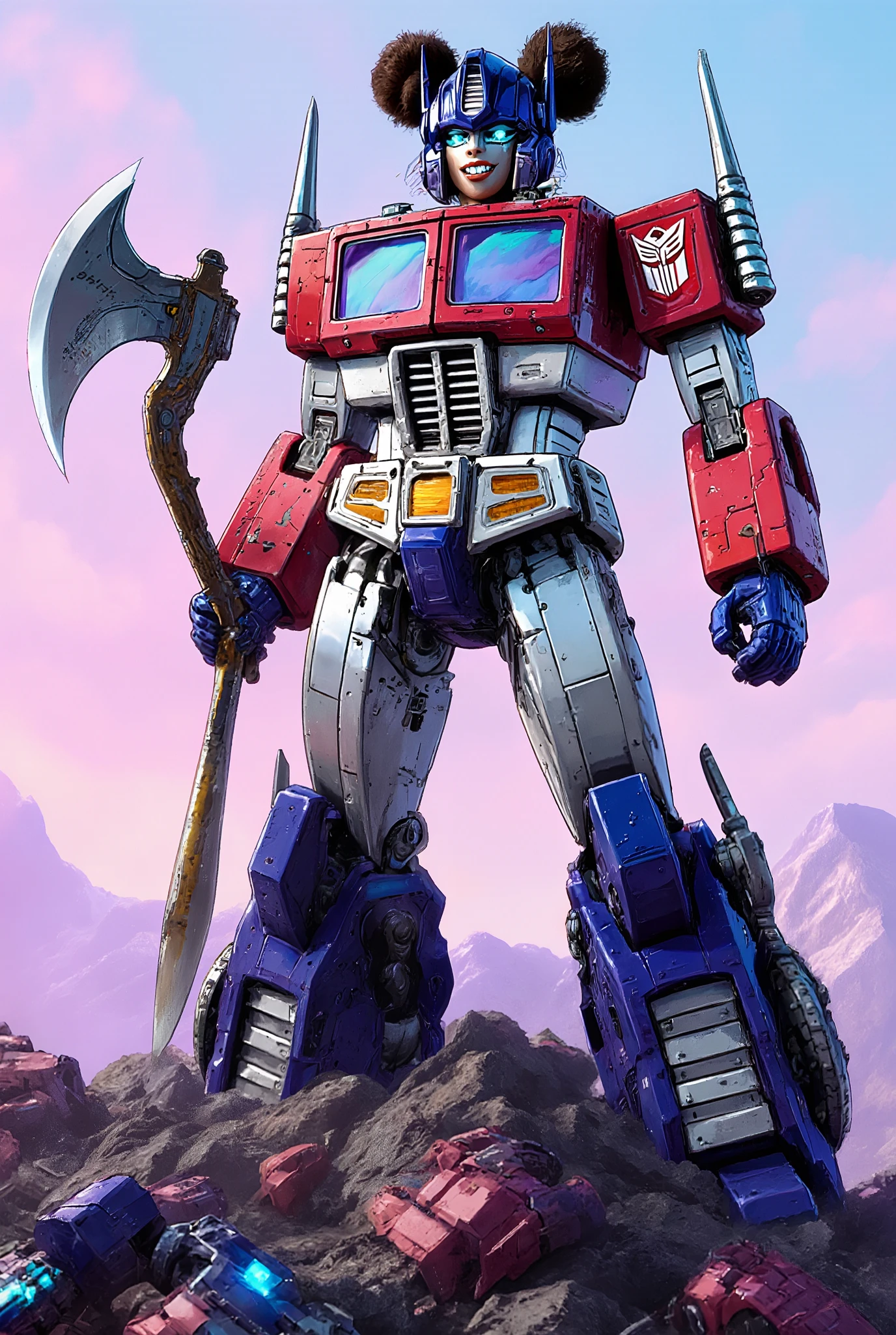 Create a cyberpunk transforner glitch art version of Optimus Prime as a female autobot with a medium torso and a height of 20 meters, with african american hair thats in 2 buns and a gap-toothed smile beaming across her 35 year old visage while standing tall with a cybernetic double bladed axe on a mountain of fallen decepticons