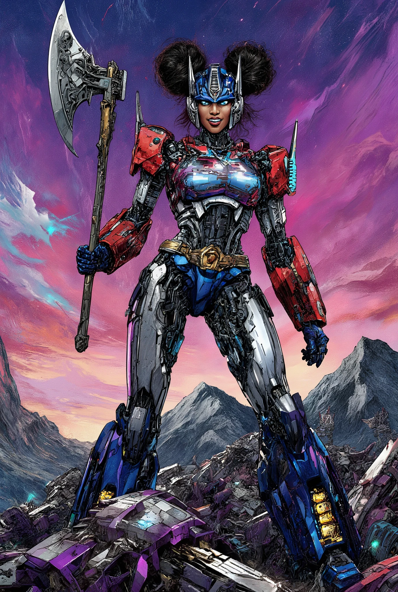 Create a cyberpunk transforner glitch art version of Optimus Prime as a female autobot with a medium torso and a height of 20 meters, with african american hair thats in 2 buns and a gap-toothed smile beaming across her 35 year old visage while standing tall with a cybernetic double bladed axe on a mountain of fallen decepticons