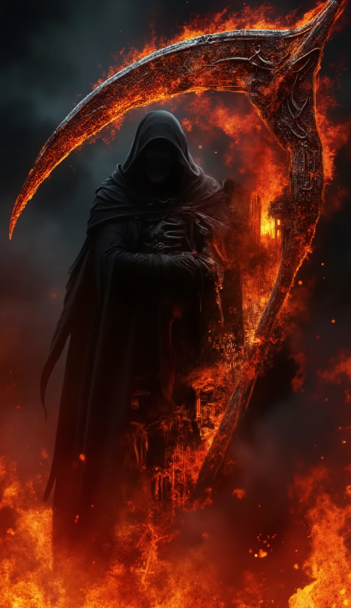 Dark cinematic poster featuring a terrifying Grim Reaper in a black hood, his skeletal face half hidden in shadows. In his massive scythe blade, a vivid double exposure reveals the reflection of Hell — burning landscapes, tormented souls, flames rising like screams. Fiery orange and red tones dominate the atmosphere, embers floating in the air. Dramatic lighting, ultra-detailed 3D textures, eerie smoke and heat distortion, poster style.