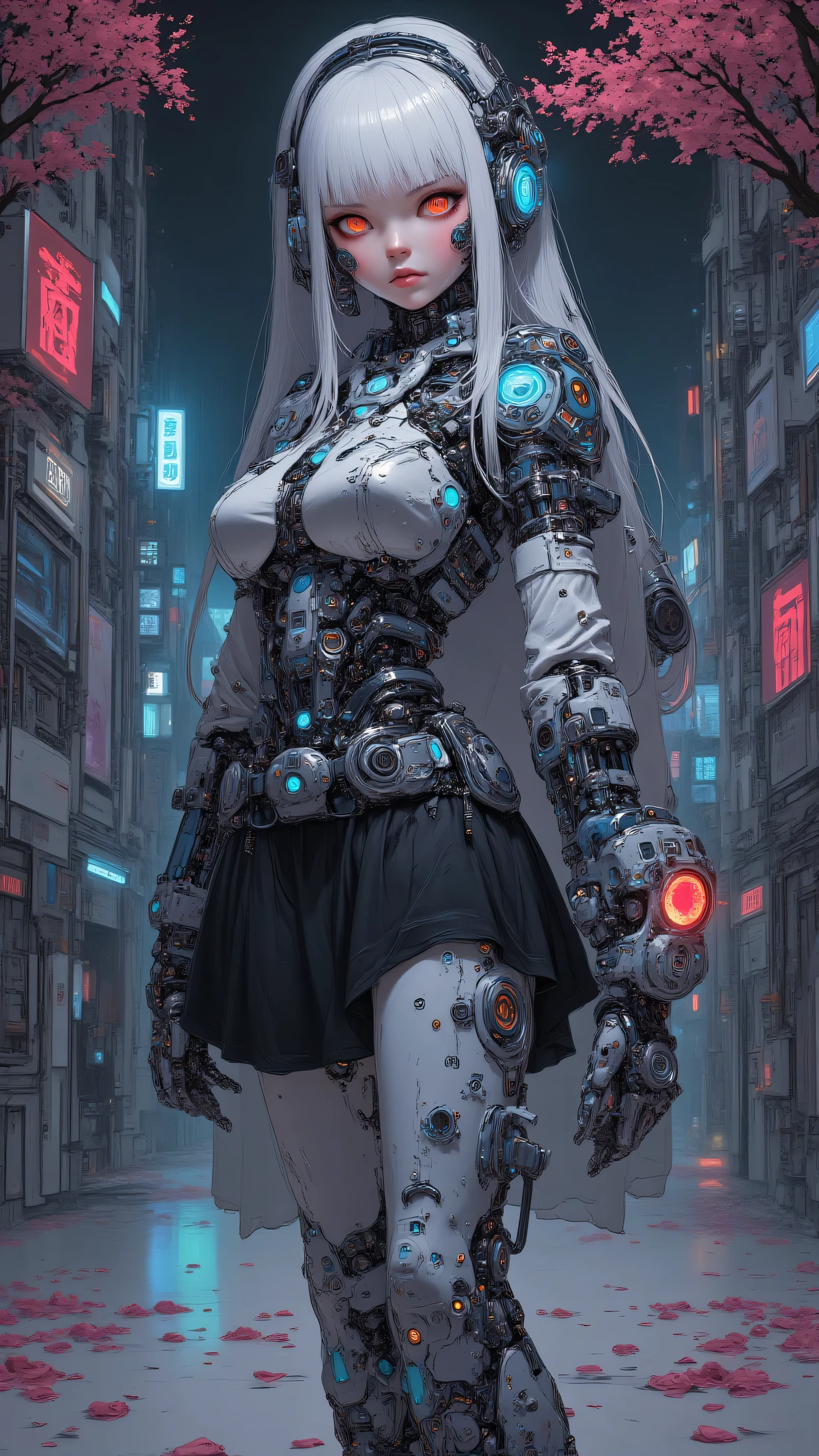 A hyper-detailed cyberpunk android maid, ultra-cool and badass with a stoic, piercing gaze, silver metallic skin with intricate glowing blue circuit patterns etched across her body like tattoos, long flowing silver hair cascading down to her waist with holographic strands that shimmer in neon lights, sharp angular face with high cheekbones, piercing red cybernetic eyes that emit a faint crimson glow, subtle mechanical seams visible on her neck and joints revealing inner wiring and servos.
She wears a futuristic maid uniform redesigned in a sleek, high-tech style: black latex-like corset bodice with embedded LED strips pulsing in sync with her movements, short frilled skirt made of iridescent nano-fabric that shifts colors from deep indigo to electric blue, thigh-high stockings with reinforced metallic garters and embedded sensors, elbow-length gloves with claw-like fingertips for precision tasks, a headpiece resembling a Victorian maid cap but fused with antenna arrays and a single glowing orb at the center.
Pose: Standing confidently in a dynamic three-quarter view, one hand resting on her hip with a holographic tablet projecting floating data streams, the other hand extended as if serving an invisible master with a silver tray holding a glowing energy orb, slight lean forward emphasizing her poised elegance and lethal grace. Background: Dimly lit luxurious cyberpunk penthouse at midnight, rain-slicked neon cityscape visible through floor-to-ceiling windows with holographic billboards flickering outside, scattered cherry blossom petals on the marble floor mixing organic beauty with synthetic perfection, volumetric god rays from overhead spotlights casting dramatic shadows and highlights on her form.
Art style: Hyper-realistic digital rendering in the vein of Syd Mead and Masamune Shirow, ultra-high resolution 8K, intricate mechanical details with visible rivets, pistons, and fluid dynamics in her joints, subsurface scattering on metallic surfaces for lifelike re