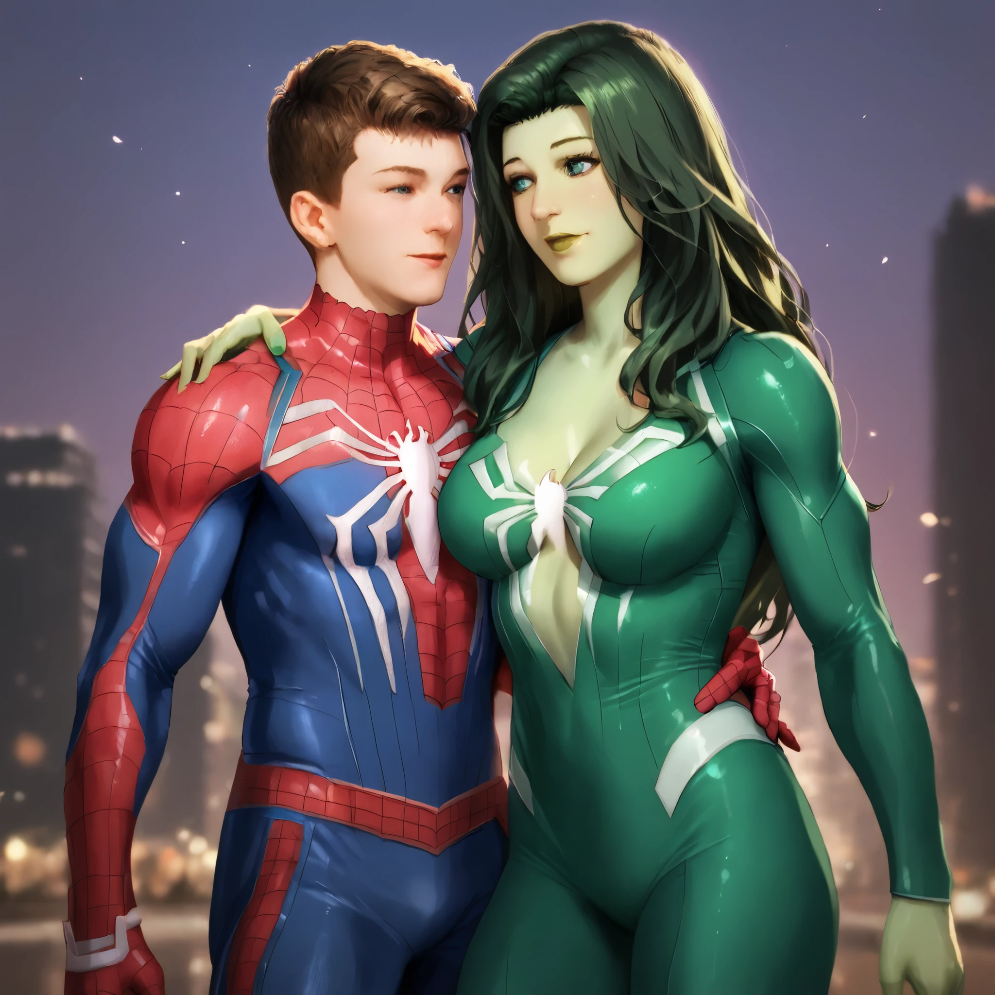 Peter Park stands next to the She-Hulk, who is dressed as Spider-Man, and they appear to be a team