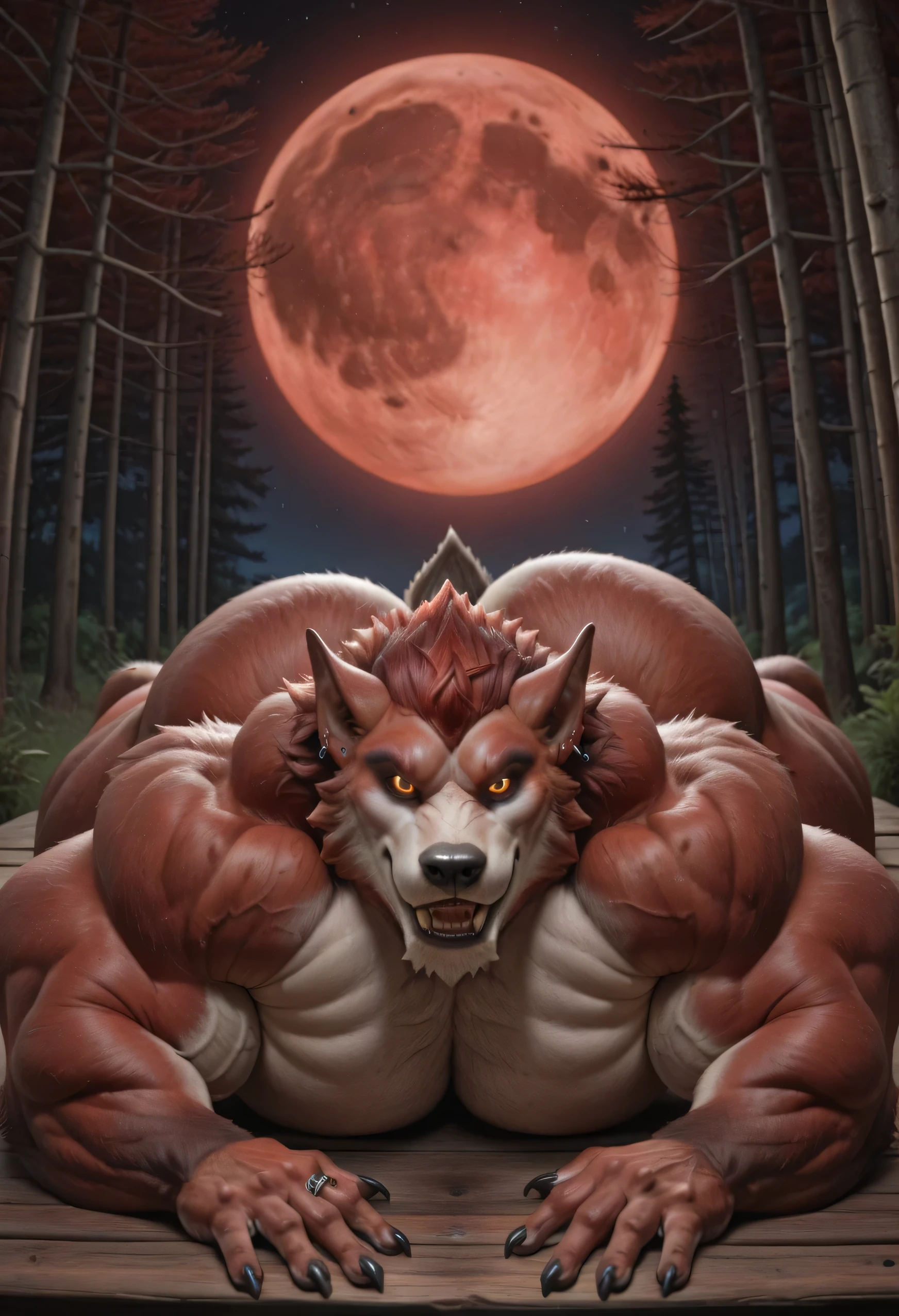 score _9, score _8_Up, score _7_Up, masterpiece, masterpiece, best quality, amazing quality, high quality, RAW photo, (Photorealistic Style), (Perfectly Correct Anatomy), (Full Body). (furry), (1boy), (Huge Adult Male muscular bara Werewolf Lycan West from Fortnite), (Himbo:1.8), Very Masculine, Huge Man, Red and Light Brown Fur Body, Red and Light Brown Fur, Red and Light Brown Werewolf Tail, Huge Hyper Veiny Bulging Muscle, Huge Bodybuilder Physique, Huge Bulging Pectoral, Huge Wide Broad Chest, Huge Bulging Abs, Huge Wide Broad Shoulders, Huge Wide Broad Back, Eight-Pack Abs, Huge Boobs, Protrusion, Huge Thick Legs, Strong Body. (Detail Glowing Amber Eyes with narrow, vertical pupils, emission strictly limited to pupils), Black Sclera:1.4, Realistic Detail Bara Chiseled Male Werewolf Handsome Rugged Lycan West Face:1.6, strong square jawline, chiseled cheekbones, tough appearance, hairy chest, hairy back, hairy legs, hairy thighs, hairy arms, pubic hair, Huge muscular butt:2. Nipple Piercings, Ear Piercings, Rings, realistic human hands, (Natural Palms Color:1.4), (5 fingers:1.5), Black Claws, (10 feet tall). In a Realistic Forest Near A Wooden Cabin background at night with a large red full blood moon glow, Solo, facing the viewer:1.6, (front view:1.6, facing to the side:1.6), (lying on stomach:1.8), hand on his own cheek, focus face, close up face, smug smirk. (Naked:1.4).