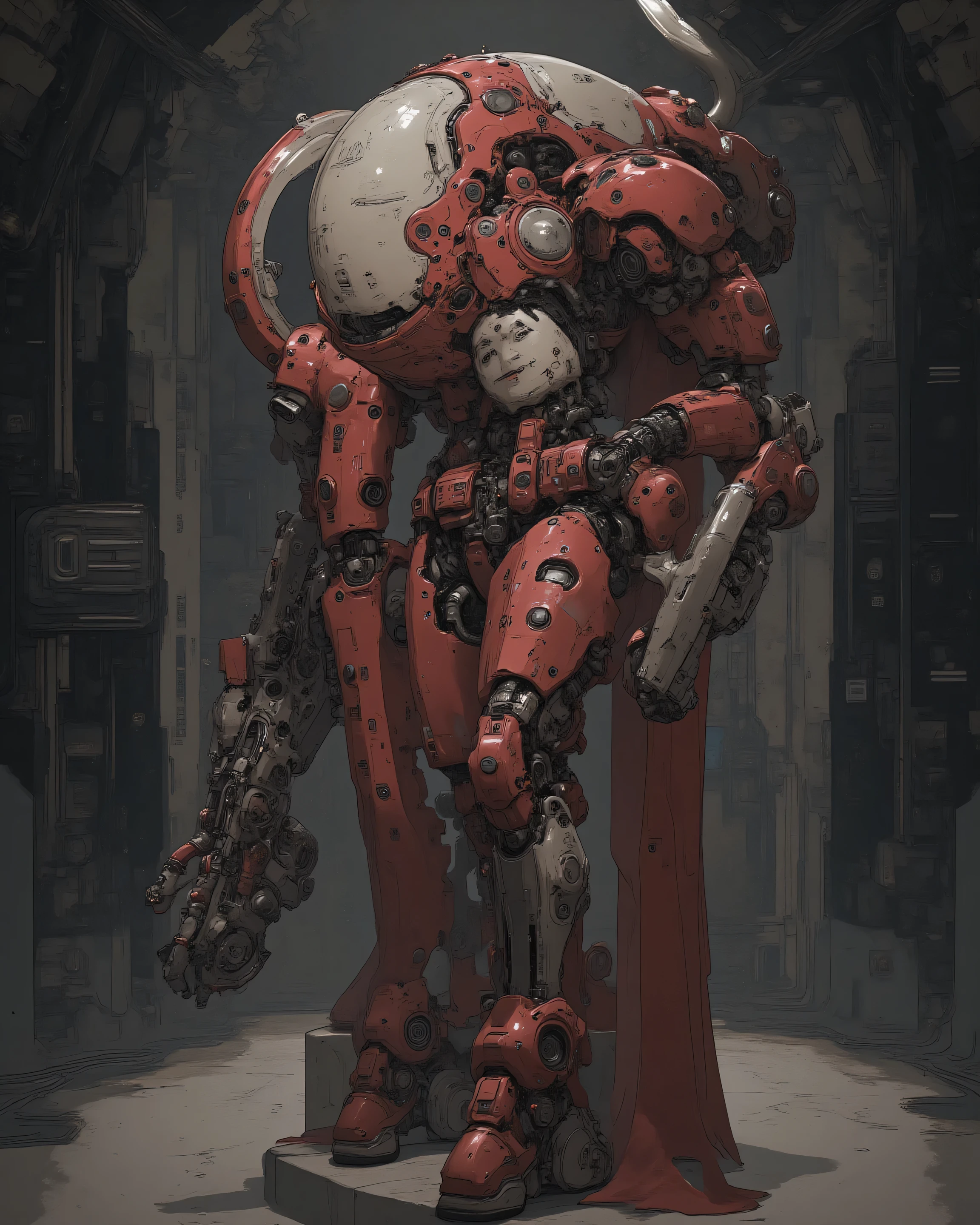 超詳細なサイバーパンクのアンドロイドメイド, ((セクシー))超クールでクールな表情の, 鋭い視線, タトゥーのように彼女の体に刻まれた、複雑な青色の回路パターンを持つ銀色の金属の肌, ネオンライトで輝くホログラフィックストランドを持つ、腰まで流れる長い銀色の髪, 高い頬骨を持つ、鋭く角ばった顔, かすかな深紅色の光を発する、鋭い赤いサイバネティックアイ, 内側の配線とサーボを明らかにする、首と関節に見える微妙な機械的縫い目.
彼女はクラシックでありながら未来的なメイドユニフォームを着ています。強化メタリックのガーターとセンサーが付いた洗練された, ビクトリア朝風のスタイル: フルレングスのブラックベルベットドレス, 膝丈のプリーツスカートを重ねて仕上げていますくっきりとしたシルエットの白いフリルが付いた, 後ろにサテンのリボンで結んだパリッとした白いエプロン, 長袖は、マイクロ回路が埋め込まれた繊細なカフリンクス, 太ももの高さのストッキングを着ています。, 肘までの長さの手袋, ハイカラーと縫い目に微妙なLEDアクセントがあしらわれ、かすかに光ります {x}繊細なアンテナアレイと中央に光るオーブが1つ付いた伝統的なレースのメイドキャップ.
ポーズ: ダイナミックな3/4ビューで自信を持って立っている, 片方の手を腰に当て、ホログラフィックタブレットが浮遊データストリームを投影している, もう一方の手は、光るエネルギーオーブを持つ銀色のトレイで、目に見えない主人に仕えるかのように差し出されている, 彼女の落ち着いた優雅さと致命的な優美さを強調する、わずかな前傾姿勢. 背景: 真夜中の薄暗い豪華なサイバーパンクペントハウス, 床から天井までの窓を通して見える、雨に濡れたネオンの都市景観と、外でちらつくホログラフィック看板, 大理石の床に散らばる桜の花びらが、有機的な美しさと合成的な完璧さを融合させている, 頭上のスポットライトからのボリュームのあるゴッドレイが、彼女の姿に劇的な影とハイライトを落とす.
アートスタイル: シド・ミードや士郎正宗の作風による、超現実的なデジタルレンダリング, ウルトラ高解像度 8K, 繊細なメカニカルディテール