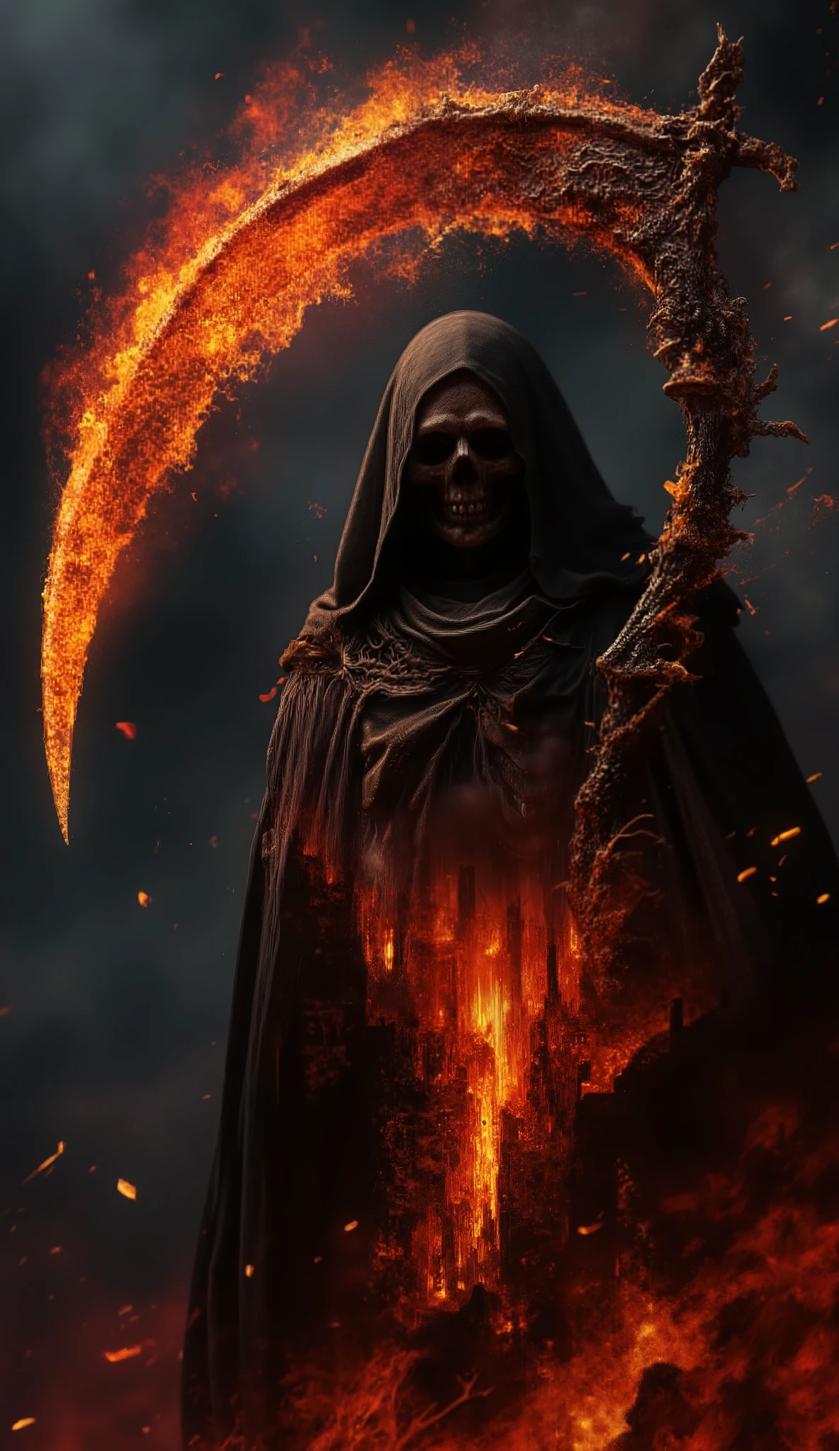 Dark cinematic poster featuring a terrifying Grim Reaper in a black hood, his skeletal face half hidden in shadows. In his massive scythe blade, a vivid double exposure reveals the reflection of Hell — burning landscapes, tormented souls, flames rising like screams. Fiery orange and red tones dominate the atmosphere, embers floating in the air. Dramatic lighting, ultra-detailed 3D textures, eerie smoke and heat distortion, poster style.