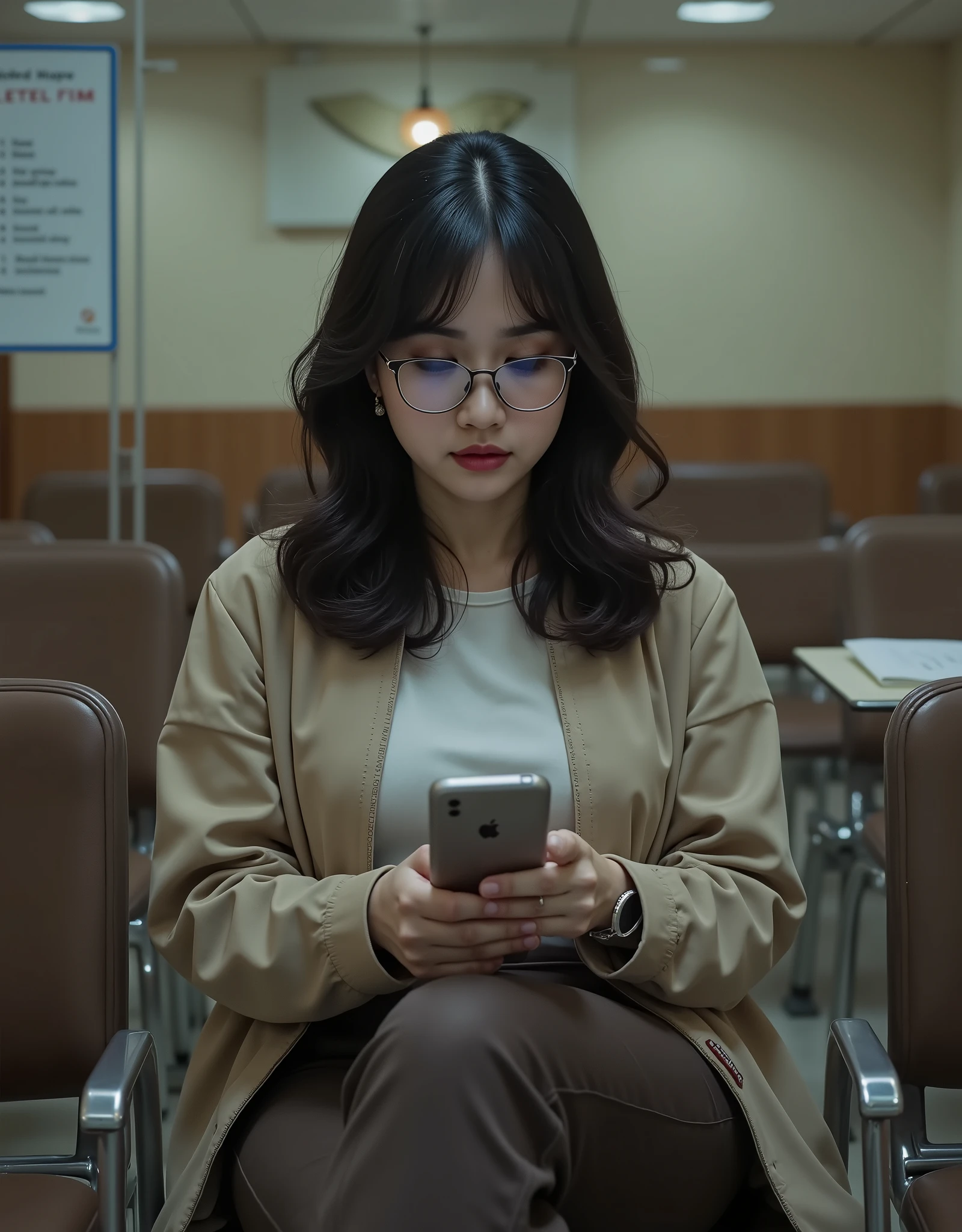 A high-resolution cinematic photograph of a 30-year-old indonesia woman seated in a waiting chair row inside an examination hall moments before questions are distributed, her East Asian features illuminated by soft neutral overhead lighting; she wears a beige no-collar jacket over a white T-shirt, paired with dark brown slim trousers, and a fine metal-frame eyeglass rests along her nose; shoulder-length wavy black hair cascades naturally, catching faint highlights from a side lamp; her right hand holds a smartphone at chest level, thumb gently tapping the glowing screen, left hand poised beneath for balance; her posture upright but slightly leaned forward, back barely touching the chair; beside her, a transparent file rests on the adjacent seat revealing papers within, and a silver water bottle cap glints faintly on the chair ahead; the wall bears a freestanding sign listing subject titles, its reflection mirrored on polished tiles; the composition is medium close-up from 45° front using a 50mm DSLR lens, depth of field shallow enough to isolate her hands and device; lighting balanced at 4600K with subtle backfill from corridor daylight, providing gentle contrast across skin tones and jacket texture; every surface—fabric seams, smartphone bezel, hair strands, sign typography—rendered in photoreal clarity; atmosphere: internal focus, controlled anxiety, a modern intellect poised for impact.
