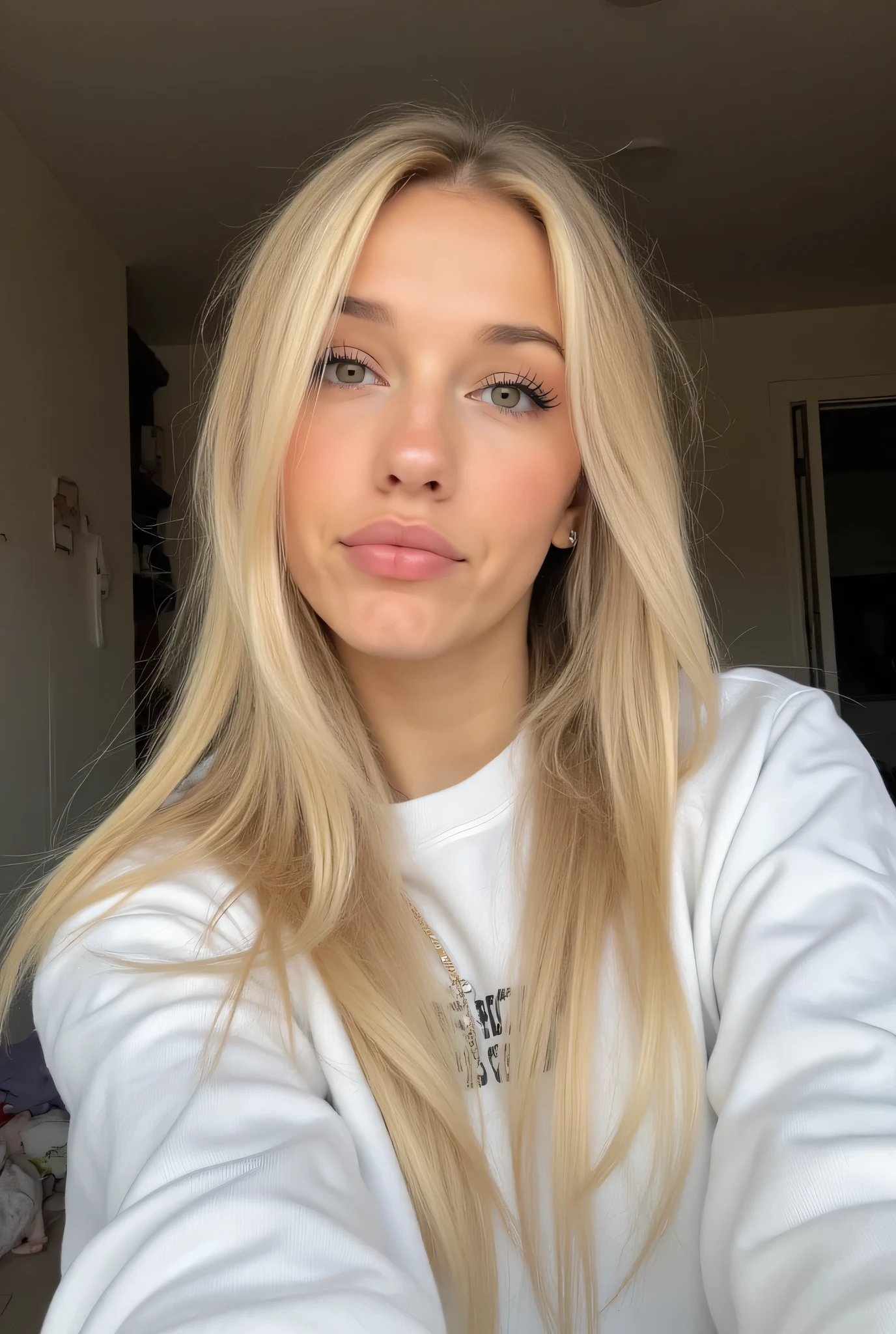 1girl , en petite tenue dans sa bedroom, long hair blonde woman, emo_hairstyle, lips, Gros tour de cou, eye-liner, eye shadow, mascara, smoky eyes, bedroom, natural lighting, visage parfait, emo, big , white sweatshirt, closed mouth