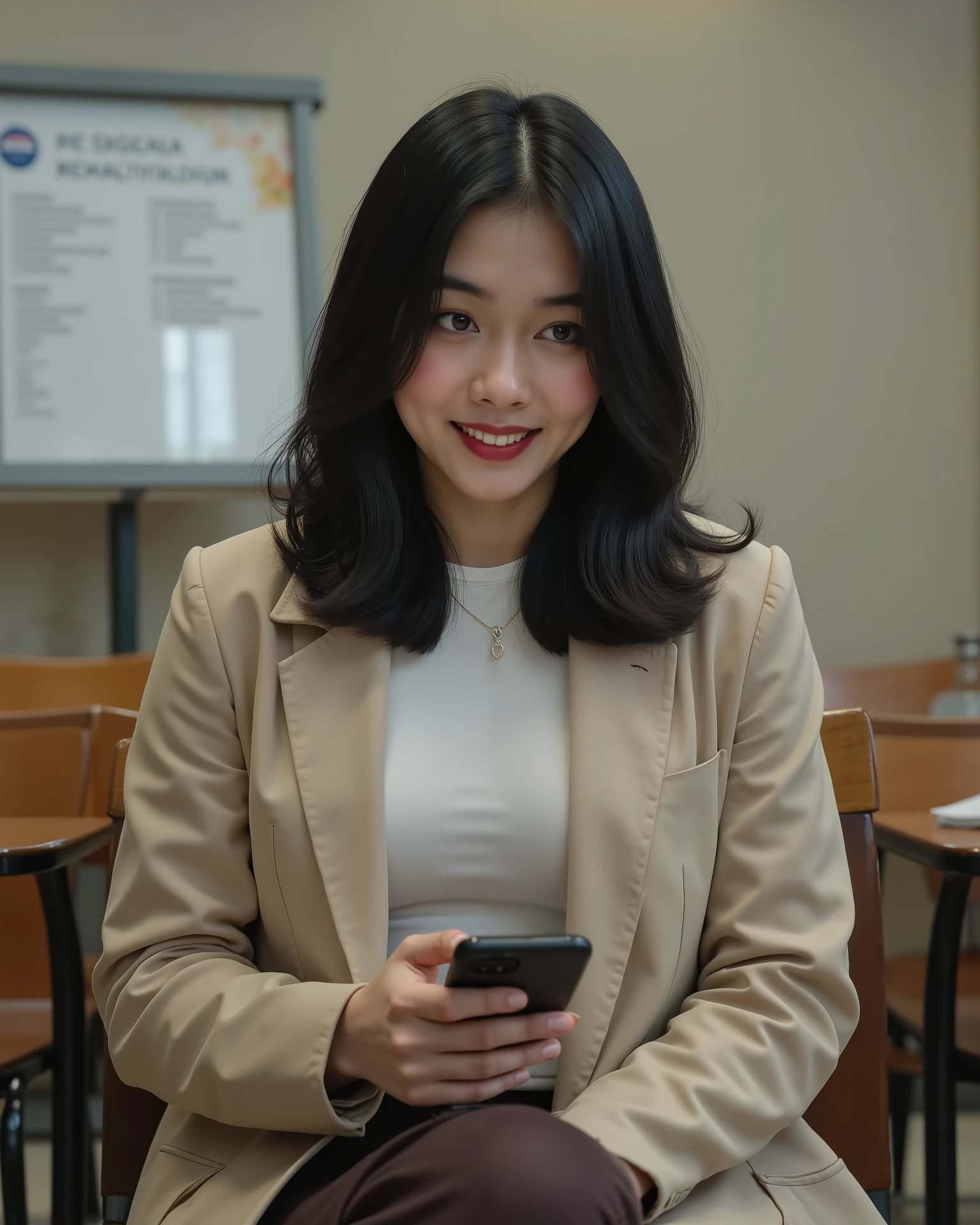 A high-resolution cinematic photograph of a 30-year-old indonesia woman seated in a waiting chair row inside an examination hall moments before questions are distributed, her East Asian features illuminated by soft neutral overhead lighting; she wears a beige no-collar jacket over a white T-shirt, paired with dark brown slim trousers, and a fine metal-frame eyeglass rests along her nose; shoulder-length wavy black hair cascades naturally, catching faint highlights from a side lamp; her right hand holds a smartphone at chest level, thumb gently tapping the glowing screen, left hand poised beneath for balance; her posture upright but slightly leaned forward, back barely touching the chair; beside her, a transparent file rests on the adjacent seat revealing papers within, and a silver water bottle cap glints faintly on the chair ahead; the wall bears a freestanding sign listing subject titles, its reflection mirrored on polished tiles; the composition is medium close-up from 45° front using a 50mm DSLR lens, depth of field shallow enough to isolate her hands and device; lighting balanced at 4600K with subtle backfill from corridor daylight, providing gentle contrast across skin tones and jacket texture; every surface—fabric seams, smartphone bezel, hair strands, sign typography—rendered in photoreal clarity; atmosphere: internal focus, controlled anxiety, a modern intellect poised for impact.

