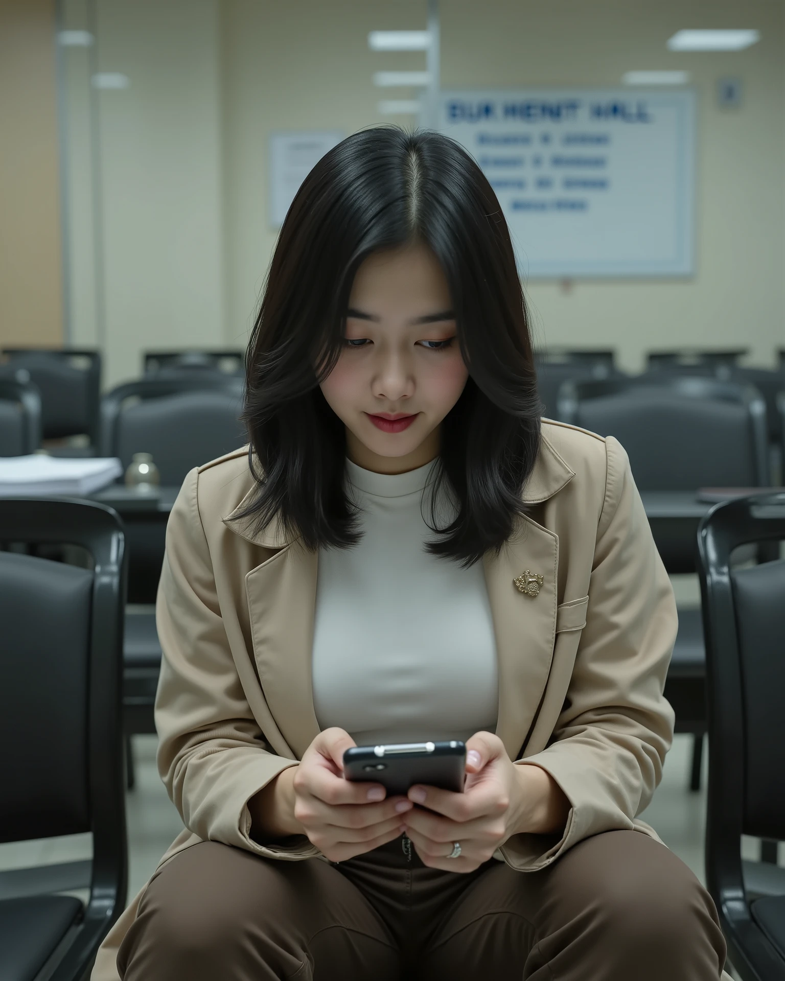 A high-resolution cinematic photograph of a 30-year-old indonesia woman seated in a waiting chair row inside an examination hall moments before questions are distributed, her East Asian features illuminated by soft neutral overhead lighting; she wears a beige no-collar jacket over a white T-shirt, paired with dark brown slim trousers, and a fine metal-frame eyeglass rests along her nose; shoulder-length wavy black hair cascades naturally, catching faint highlights from a side lamp; her right hand holds a smartphone at chest level, thumb gently tapping the glowing screen, left hand poised beneath for balance; her posture upright but slightly leaned forward, back barely touching the chair; beside her, a transparent file rests on the adjacent seat revealing papers within, and a silver water bottle cap glints faintly on the chair ahead; the wall bears a freestanding sign listing subject titles, its reflection mirrored on polished tiles; the composition is medium close-up from 45° front using a 50mm DSLR lens, depth of field shallow enough to isolate her hands and device; lighting balanced at 4600K with subtle backfill from corridor daylight, providing gentle contrast across skin tones and jacket texture; every surface—fabric seams, smartphone bezel, hair strands, sign typography—rendered in photoreal clarity; atmosphere: internal focus, controlled anxiety, a modern intellect poised for impact.
