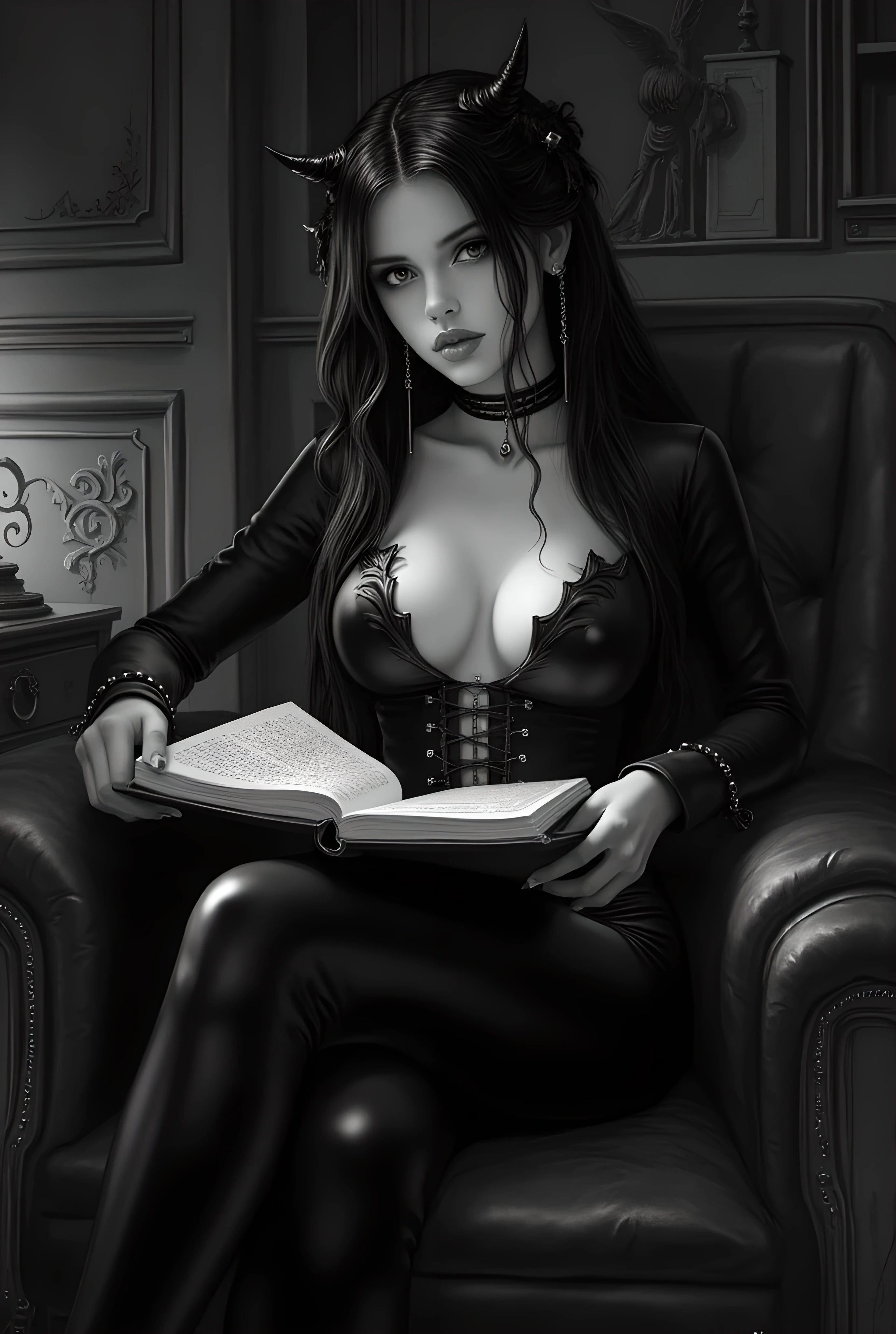 Subject/Composition: 
Black and white (monochrome), yellow color splash,  ultra-detailed, cinematic portrait of:
Un disegno a matita altamente dettagliato e fotorealistico (o ritratto in bianco e nero) di: ​Una bellissima ragazza, seduta su una poltrona di pelle scura, gambe incrociate, che legge un vecchio libro rilegato in pelle con le pagine aperte. Indossa un corto vestito in seta nera con profondo scollo a V e molto sgambato, stivali alti al ginocchio neri con lacci e cinturini, e un choker nero al collo. Ha lunghi capelli neri raccolti in due trecce laterali ( stile Mercoledì Addams ), e uno sguardo intenso e penetrante verso l'osservatore. Una giarrettiera in pelle nera con fibbia le cinge la coscia nuda.
​Stile (Style):
Gotico, Scuro, Ritratto Digitale, Ritrattistica, Drammatico, Stile Anime Realistico (oppure "realistic anime style" se preferito in inglese), (Wednesday Addams Vibe), Sexy.
​Sfondo (Background):
Interno di una vecchia e lussuosa biblioteca o studio, con pareti scure e pannelli in legno. Un camino acceso con fiamme visibili e un mantello elaborato è visibile nell'angolo in alto a sinistra, che proietta una luce calda. L'illuminazione è soffusa e drammatica (chiaroscuro), con luci e ombre forti. Mobili in pelle scura e accenti decorativi gotici.
​Qualità e Ottimizzazione (Quality & Optimization):
Altissima risoluzione, dettagli mozzafiato, illuminazione drammatica, ombre profonde, iper-dettagliato, rendering cinematografico, nitidezza, messa a fuoco, (best quality, masterpiece, ultra detailed, dramatic lighting, volumetric light, highly detailed skin, intricate details).