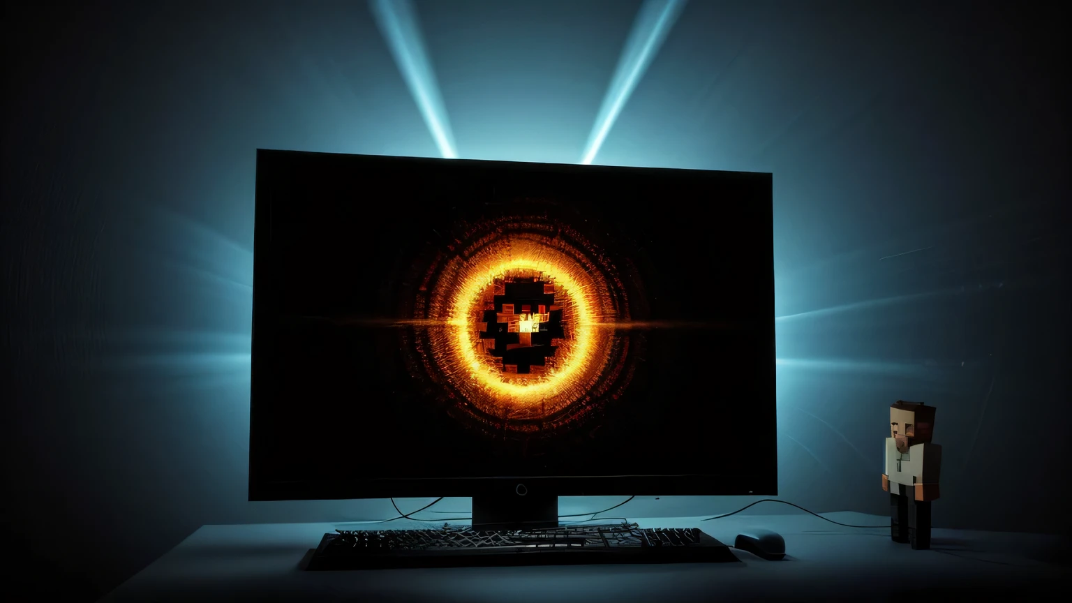 Minecraft meets SCP Foundation lore,A group of friends gather around a Minecraft PC, only to witness the screen morph into a display of anomalous, SCP-like phenomena, such as reality-distorting portals and cryptic, pulsing symbols. This prompt demands a sense of urgency and unease, conveyed through a frenetic, impressionistic digital painting style with bold brushstrokes and clashing, neon-like colors. Emphasize the players' shocked expressions and the chaotic, disorienting nature of the supernatural events unfolding before them. Masterpiece