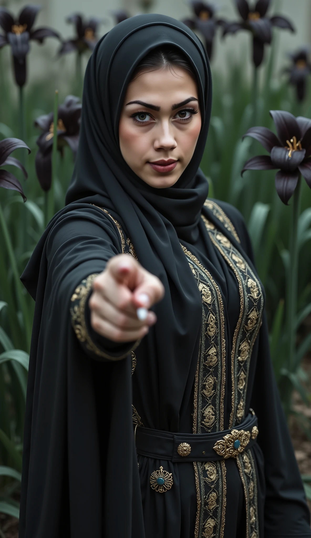 A woman wearing hijab, no hair visible, full of ornament, wearing a magnificent robe, beautiful eyes, different eyes color, Facing the camera gracefully, one hand pointing camera, black Lily on the background. Creepy atmosphere, masterpiece, royal aura