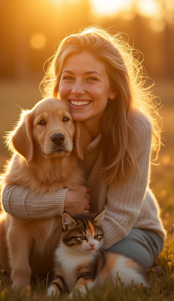 Estilo Pixar. Casal abracados. com um filhote de cachorro beagle marrom. A menina tem os cabelos loiros amarrados, Camiseta cinza e jeans claro, white glasses. O menino de cabelos pretos com cabelos grisalhos, barba pequena, oculos, Dark blue jeans and gray t-shirt. They are both smiling and are 40 years old and have 2 more cats