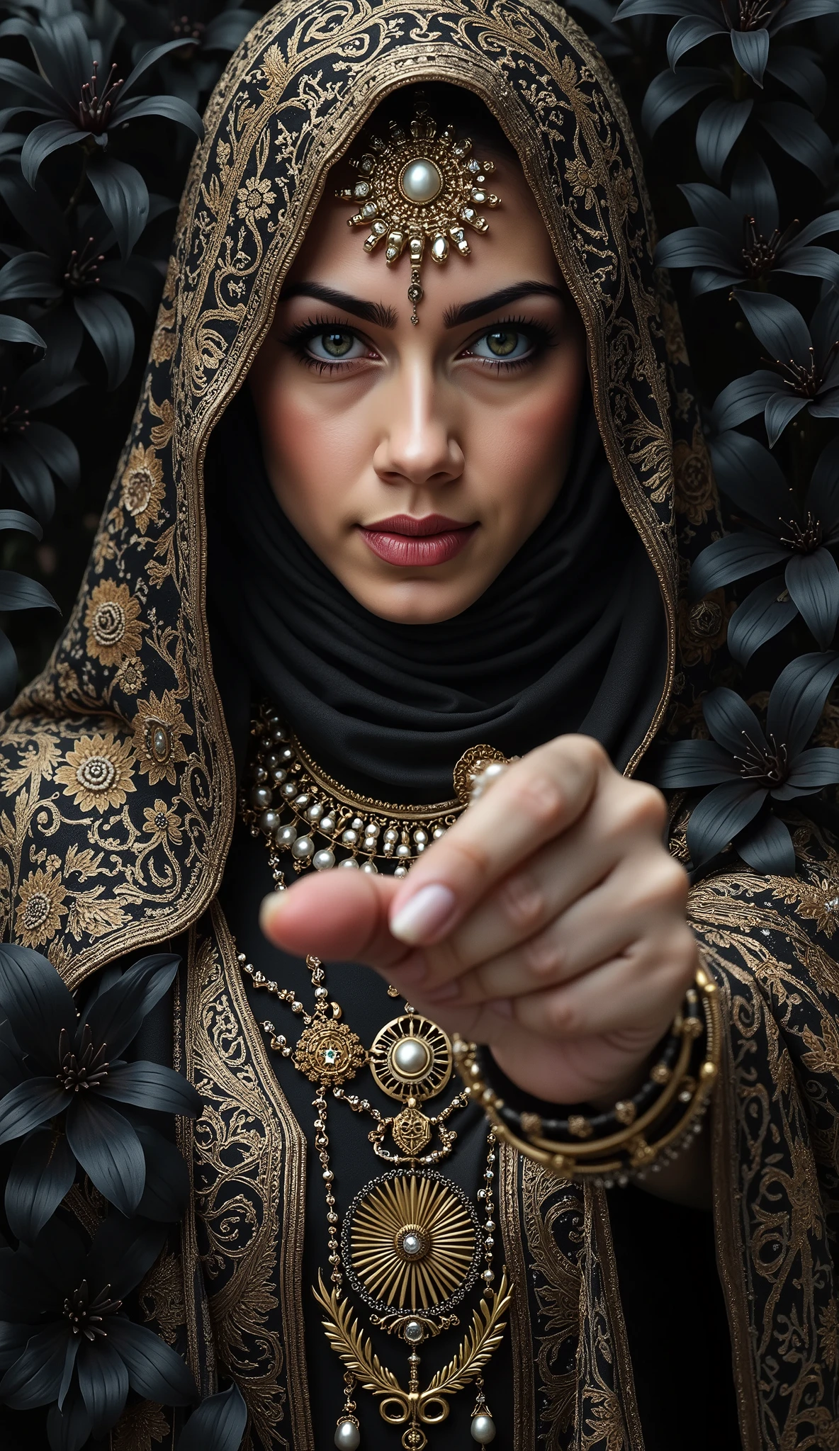 A woman wearing hijab, no hair visible, full of ornament, wearing a magnificent robe, beautiful eyes, different eyes color, Facing the camera gracefully, one hand pointing camera, black Lily on the background. Creepy atmosphere, masterpiece, royal aura