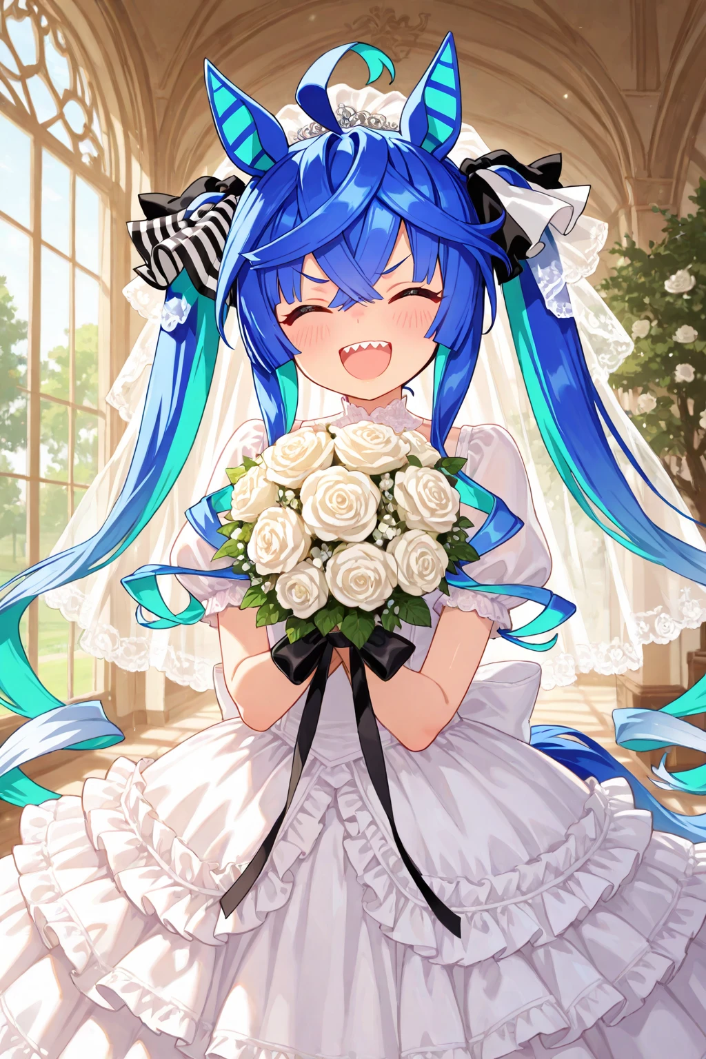 ( ✌:1.5) 1girl, flower, bouquet, white hair, blue flower, hair ornament, blue eyes, dress, solo, rose, smile, long hair, blue rose, holding bouquet, white dress, holding, looking at viewer, butterfly, open mouth, multicolored hair, bug, gradient hair, sleeveless, blush, crown, white background, very long hair, blue hair, :d, virtual youtuber, bangs, hair flower,  shoulders, earrings, hairclip, jewelry, sleeveless dress, simple background, choker, veil, ribbon, mini crown ,torino aqua,ski style