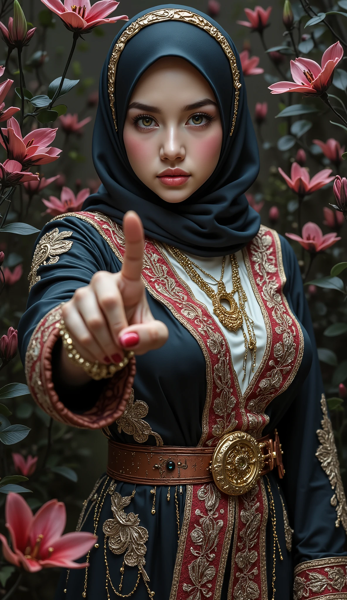A woman wearing hijab, no hair visible, full of ornament, wearing a magnificent robe, beautiful eyes, different  eyes color, Facing the camera gracefully, one hand pointing camera, black Lily on the background. Creepy atmosphere, masterpiece, royal aura 