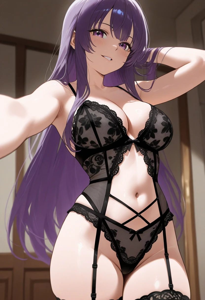 Beautiful Keqing from Genshin Impact in lingerie,strapless bra,bare belly,gloves extending to elbows,choker,collarbone