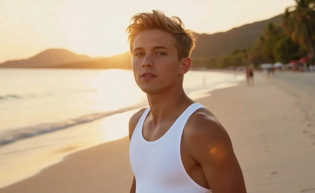 handsome teenager wearing speedos, very short blond hair, beach at sunset