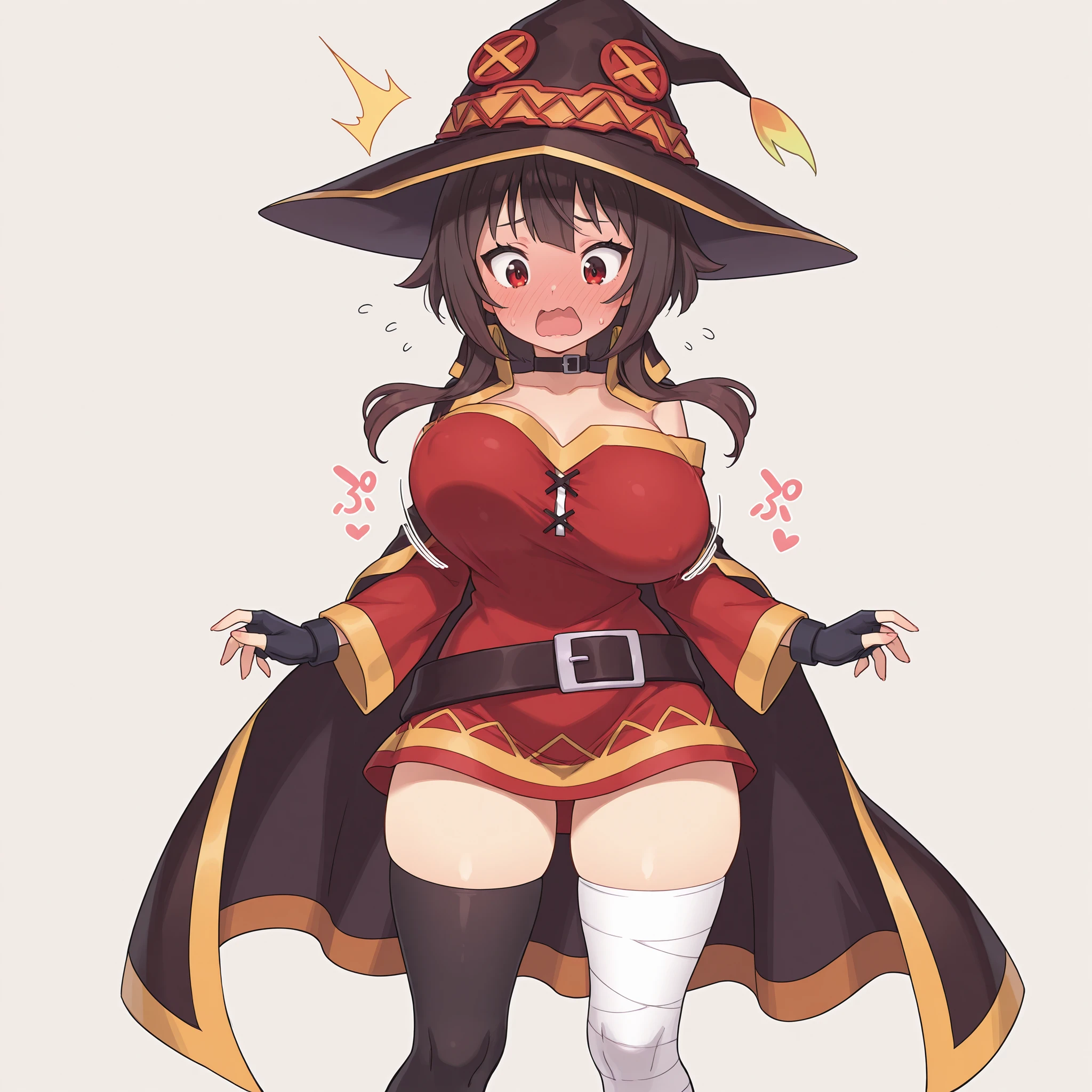 masterpiece, ultra-HD, impressionism, high detail, best quality, very aesthetic, 8K, best quality, beautiful, ultra-high resolution, 32K UHD, sharp focus, 1girl, solo, Megumin-Liver020, short brown hair, middle bangs, long locks, red eyes, eyelashes, pink lips, , narrow waist, wide , thick thighs, shapely legs, slim, petite, red short dress, off-shoulder dress, black cape, black witch hat, fingerless gloves, black choker, black thigh high sock, single sock, bandaged leg, belt, full-face blush, shy, open mouth, wavy mouth, surprised, cute, bouncing , standing, looking down, simple background, front view