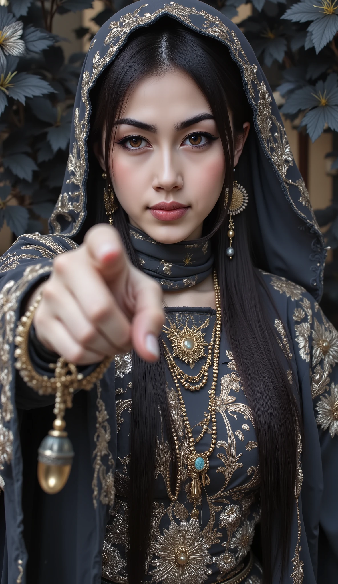 A woman wearing hijab, no hair visible, full of ornament, wearing a magnificent robe, beautiful eyes, different eyes color, Facing the camera gracefully, one hand pointing camera, black Lily on the background. Creepy atmosphere, masterpiece, royal aura