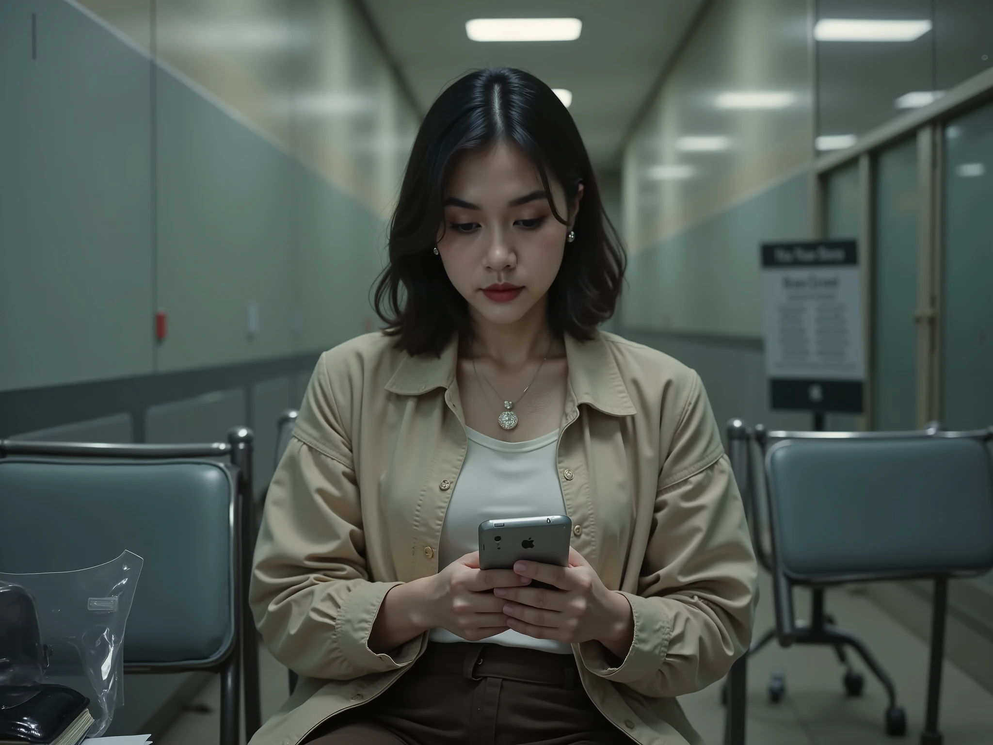 A high-resolution cinematic photograph of a 30-year-old indonesia woman seated in a waiting chair row inside an examination hall moments before questions are distributed, her East Asian features illuminated by soft neutral overhead lighting; she wears a beige no-collar jacket over a white T-shirt, paired with dark brown slim trousers, and a fine metal-frame eyeglass rests along her nose; shoulder-length wavy black hair cascades naturally, catching faint highlights from a side lamp; her right hand holds a smartphone at chest level, thumb gently tapping the glowing screen, left hand poised beneath for balance; her posture upright but slightly leaned forward, back barely touching the chair; beside her, a transparent file rests on the adjacent seat revealing papers within, and a silver water bottle cap glints faintly on the chair ahead; the wall bears a freestanding sign listing subject titles, its reflection mirrored on polished tiles; the composition is medium close-up from 45° front using a 50mm DSLR lens, depth of field shallow enough to isolate her hands and device; lighting balanced at 4600K with subtle backfill from corridor daylight, providing gentle contrast across skin tones and jacket texture; every surface—fabric seams, smartphone bezel, hair strands, sign typography—rendered in photoreal clarity; atmosphere: internal focus, controlled anxiety, a modern intellect poised for impact.