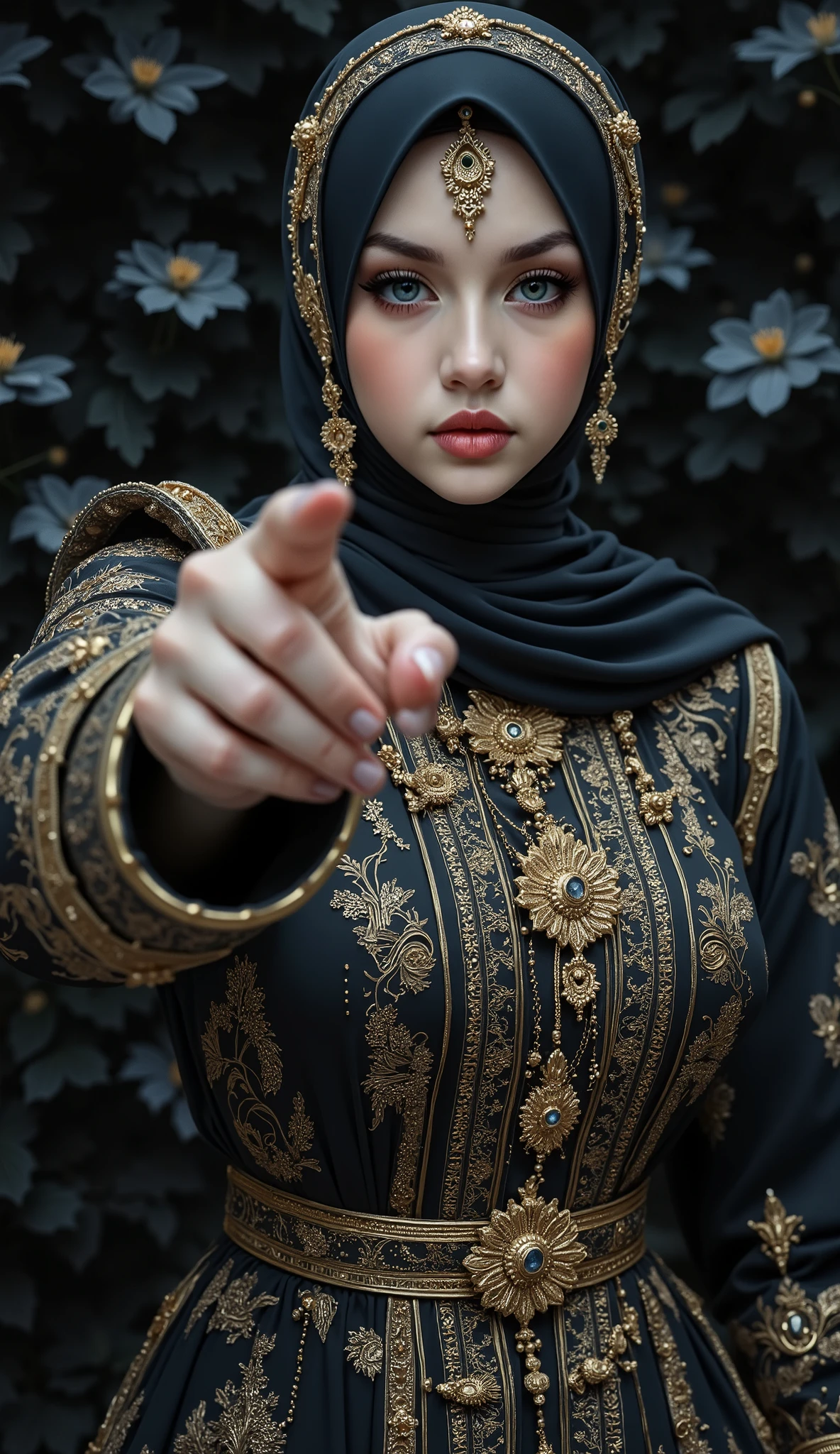 A woman wearing hijab, no hair visible, full of ornament, wearing a magnificent robe, beautiful eyes, different eyes color, Facing the camera gracefully, one hand pointing camera, black Lily on the background. Creepy atmosphere, masterpiece, royal aura